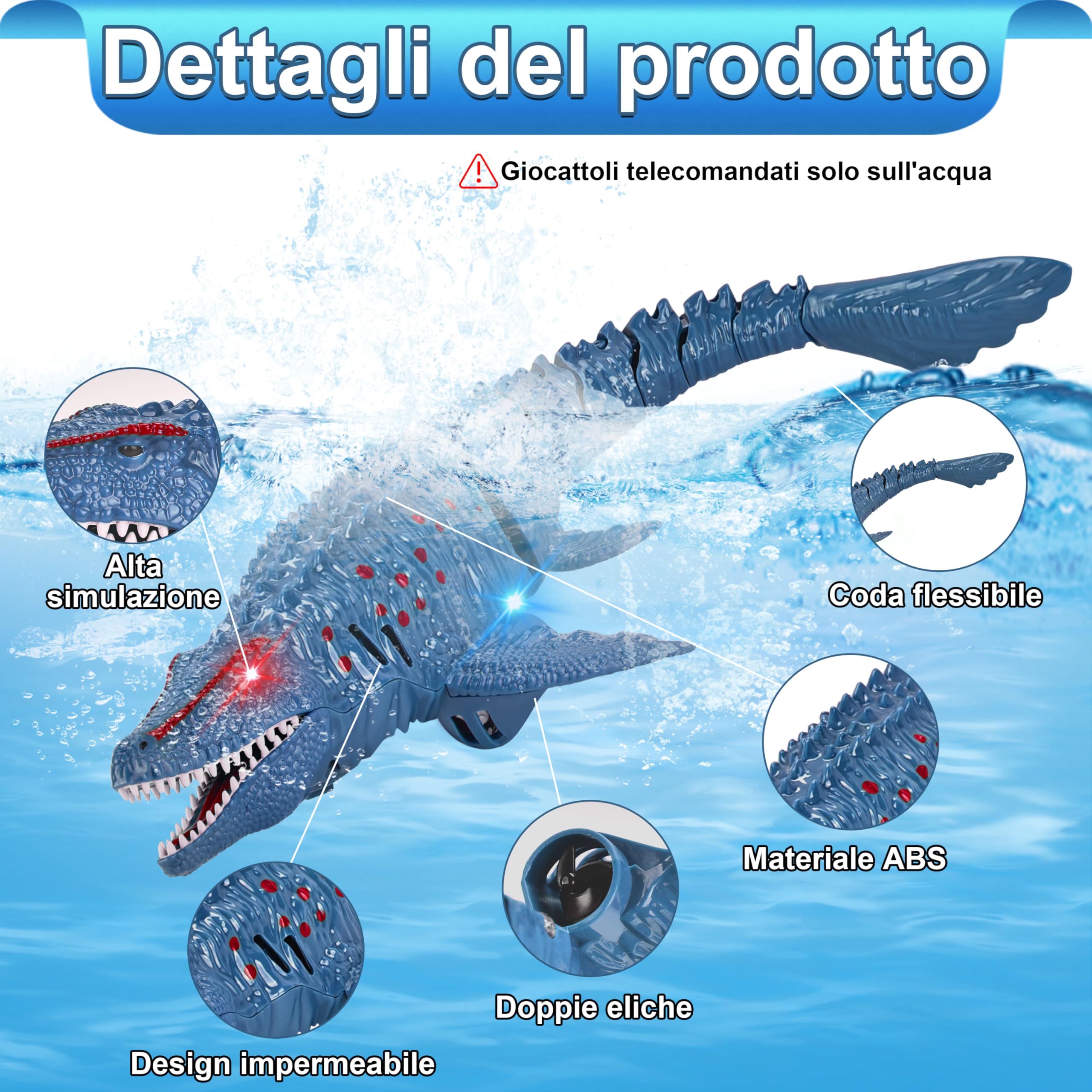 IEEILULU Barca Telecomandata RC Mosasaurus, 2.4GHz Giocattolo Acquatico Telecomandato con Luci, Dinosauro Barca Elettrica Shark con USB, Regalo per Bambino di 8+ Anni (Blu)