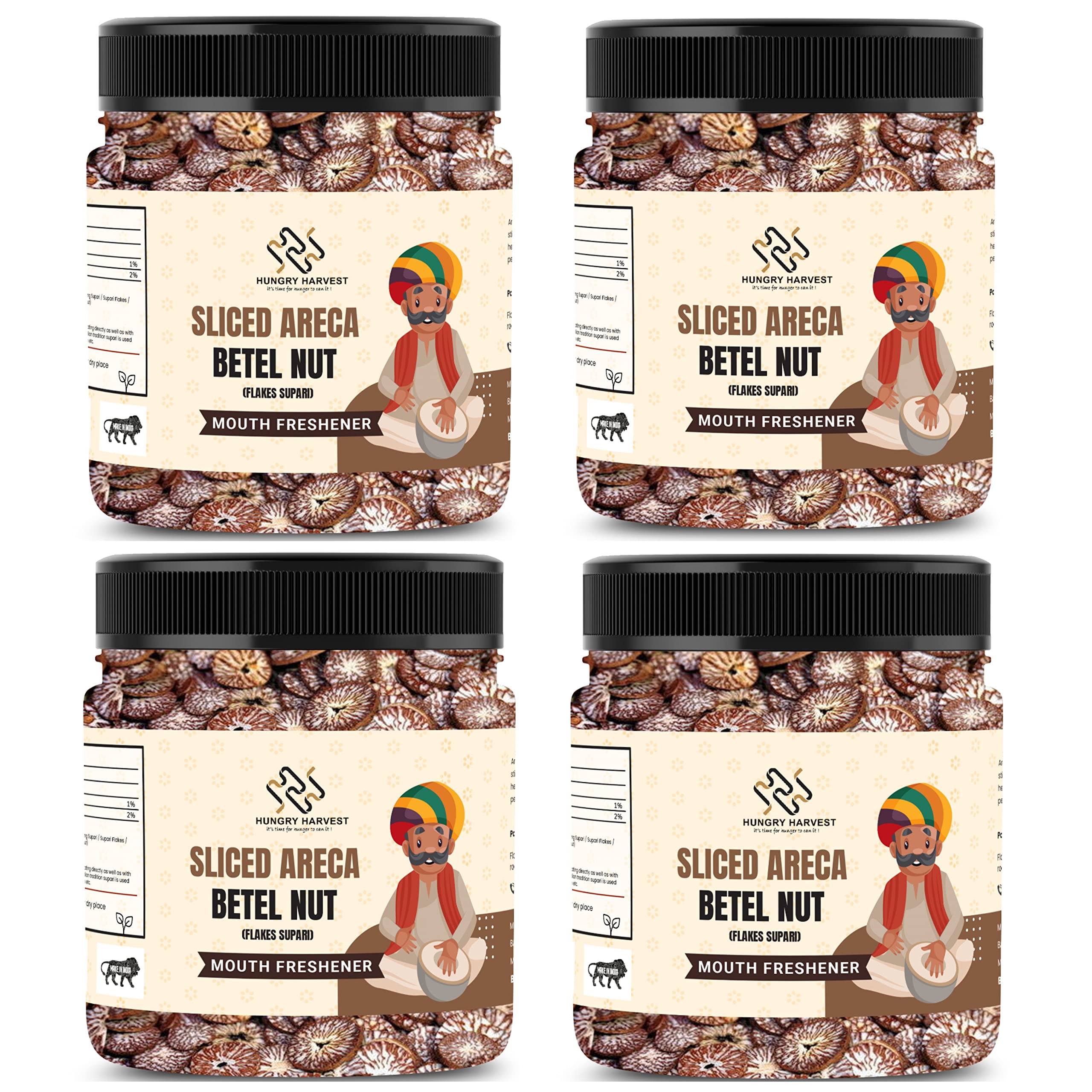Hungry Harvest Sliced Betel Nut | Sliced Areca Nut | Cutting Supari Kachi Sopari | Kachi Cutting Sliced Supari | Raw Unflavoured Flakes [Jar Pack] (500 Grams (Pack of 4 of 125 Grams))