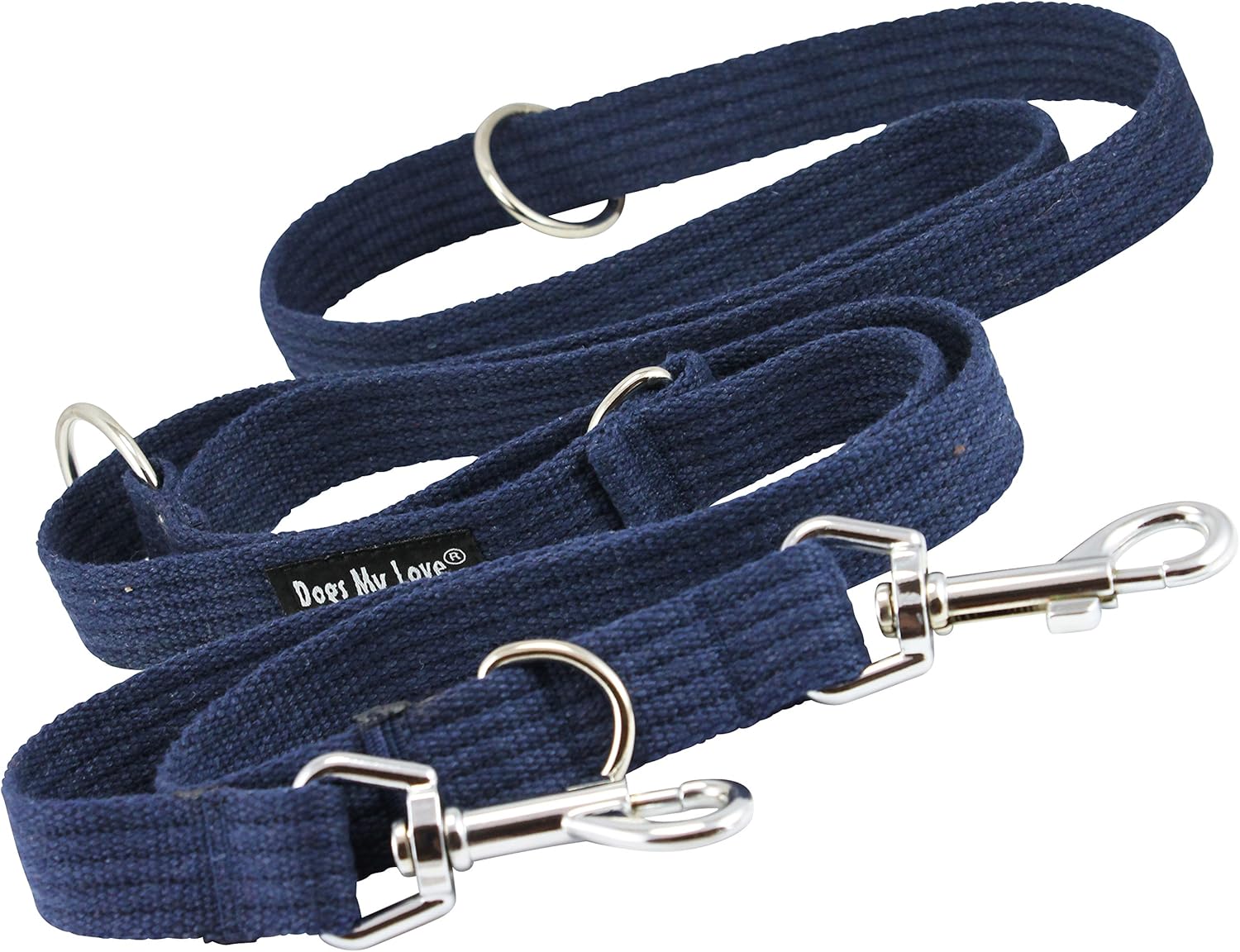 Dogs My Love 1" Wide Cotton Web 6-Way European Multi-Functional Dog Leash, Adjustable Lead 45"-78" Long, Large (Blue)