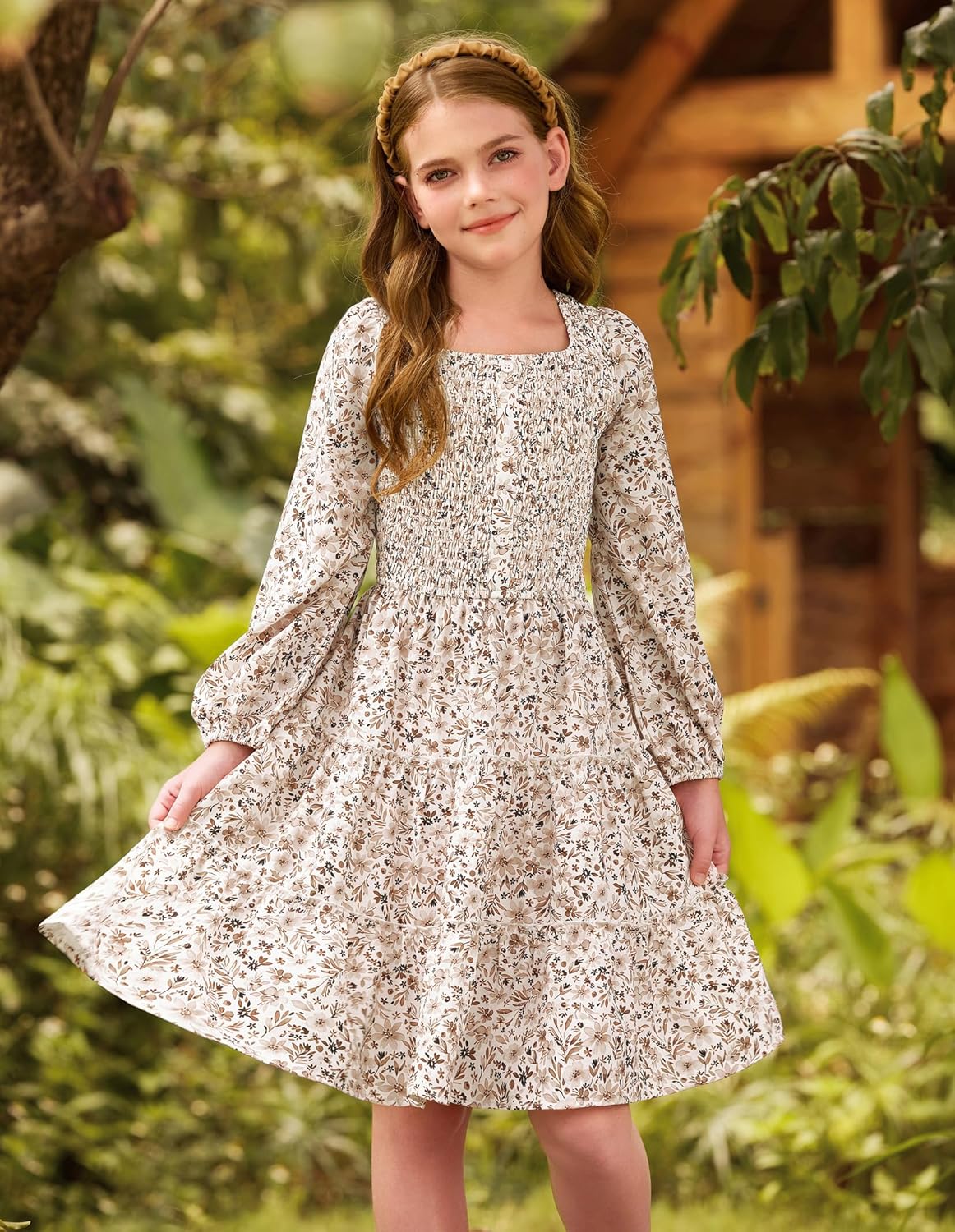 GRACE KARIN Girls Fall Long Sleeve Floral Square Neck Smock Tiered Casual Holiday Teen Dress Size 5-14 - Image 4
