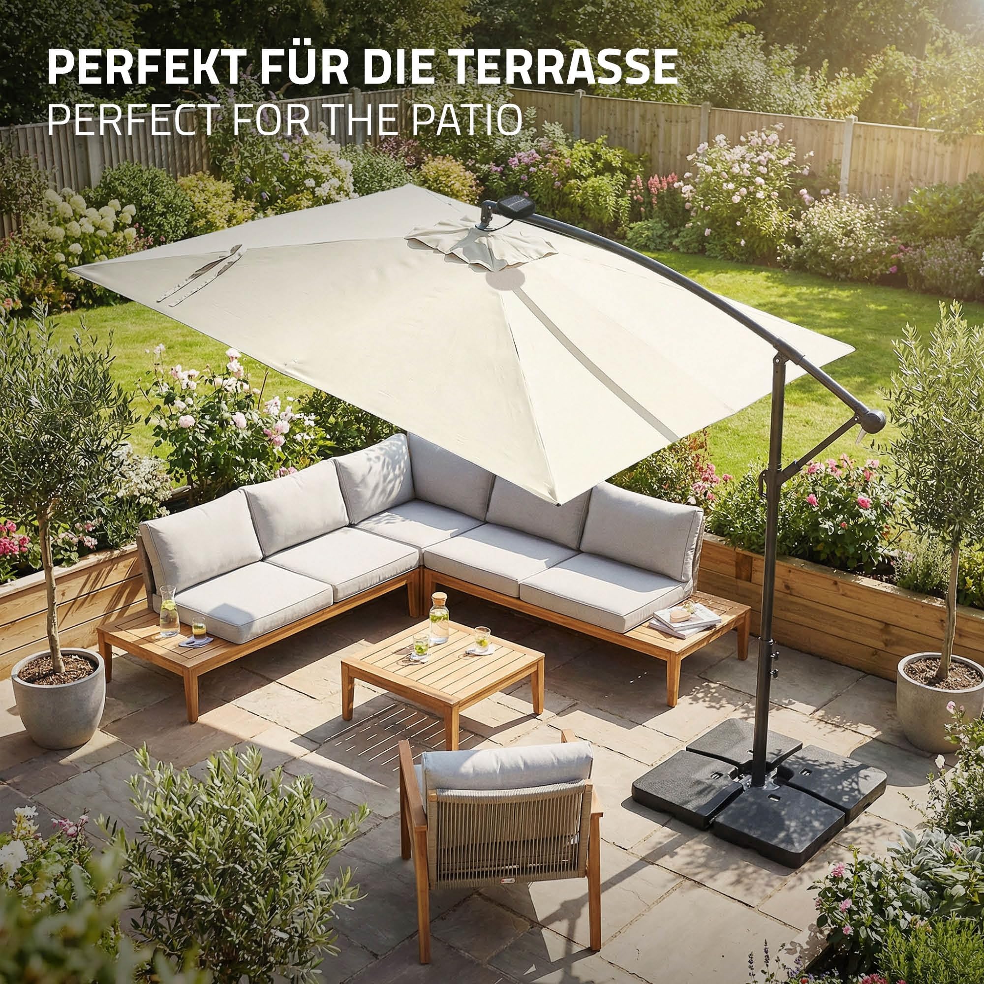 ML-Design Sombrilla de Jardín Ø 330 cm de Aluminio con/sin LED Parasol Voladiza de Terraza, Giratoria 360°, Inclinable y con Manivela Protección Solar UV50+ e Impermeable, incluye Soporte y Funda