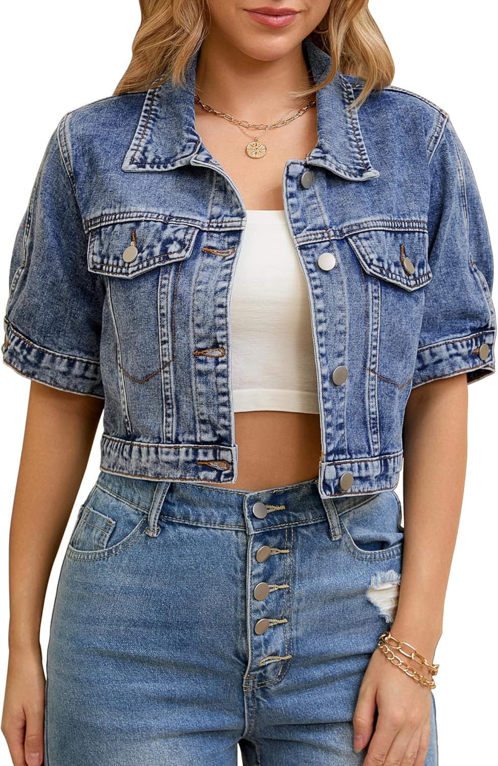 CIMUK Women's Short Sleeve Denim Jacket Trendy Classic Casual Summer Cropped Jean Jacket
