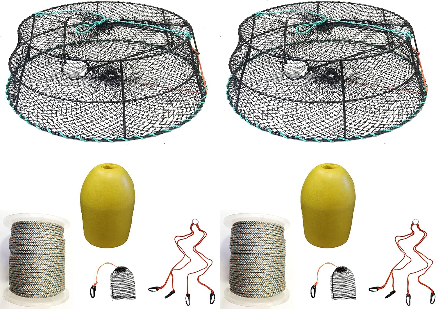 2-Pack of KUFA Sports Vinyl Coated Prawn Trap(Stretched Mesh Size:1-1/8") with 400' Rope, Yellow Float, Bait Bag & Harness Combo