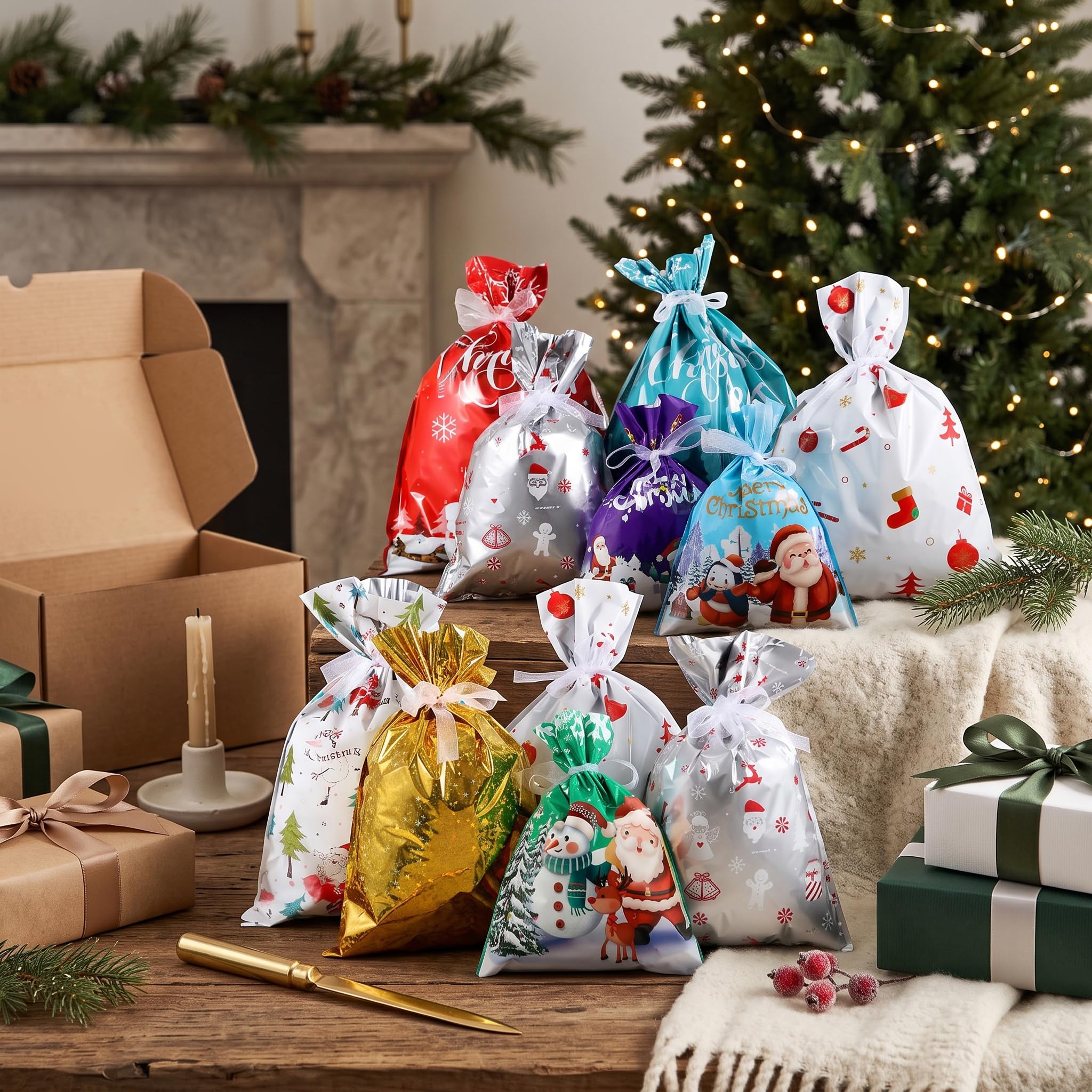Bolsas de regalos de fiesta Navidad 55 piezas PE Bolsas de regalos navideños con cordón