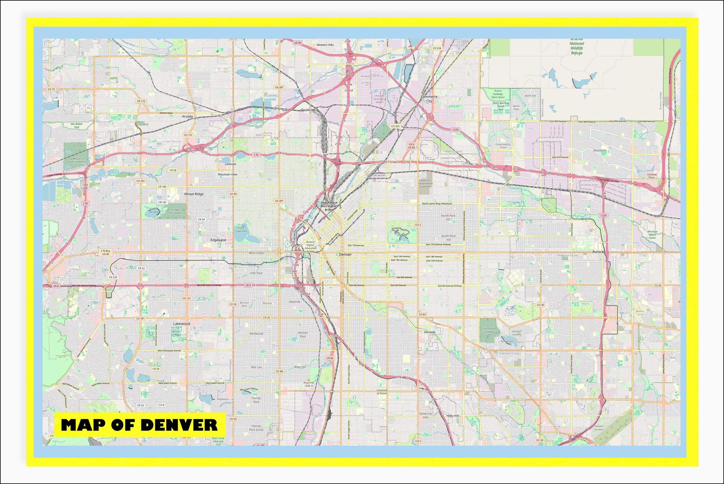 24x36 - Map of Denver with Neighborhoods, Streets, Roads, Highways and Parks - Laminated Wall Map Poster Print - Vivid Imagery with Bright Colors