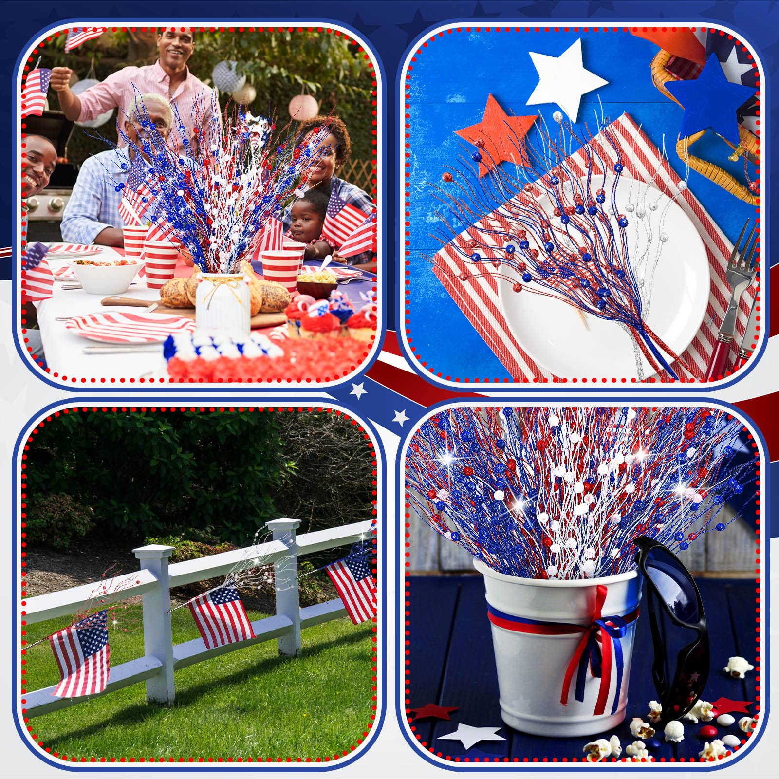 Giegxin Lot de 32 tiges de baies artificielles patriotiques de 43,2 cm - Tiges de baies pailletées pour décoration du jour de l'indépendance du 4 juillet (rouge, bleu, blanc)