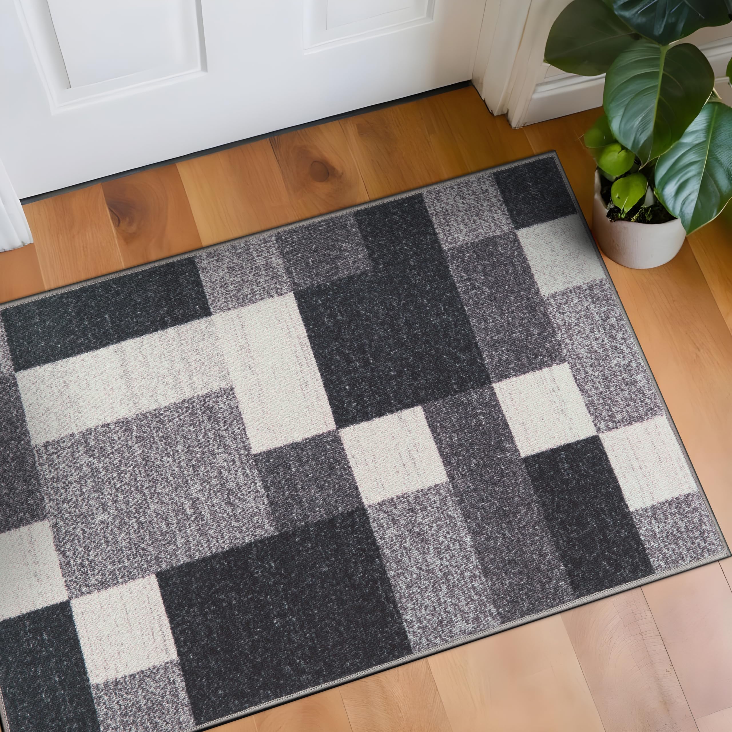 Rugshop Gray Modern Geometric Boxes Non-Slip Area Rug Non-Shedding for Entryway, Laundry Room and Small Spaces, 2'7" x 4'