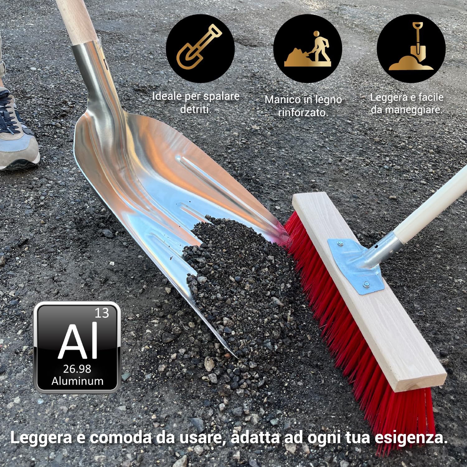 Crisalide® - Badile Super Resistente 36x49 cm con Manico in Legno - Versatile per Uso Agricolo, Giardinaggio e Lavori Pesanti, Multiuso, Pala da Neve (Alluminio)