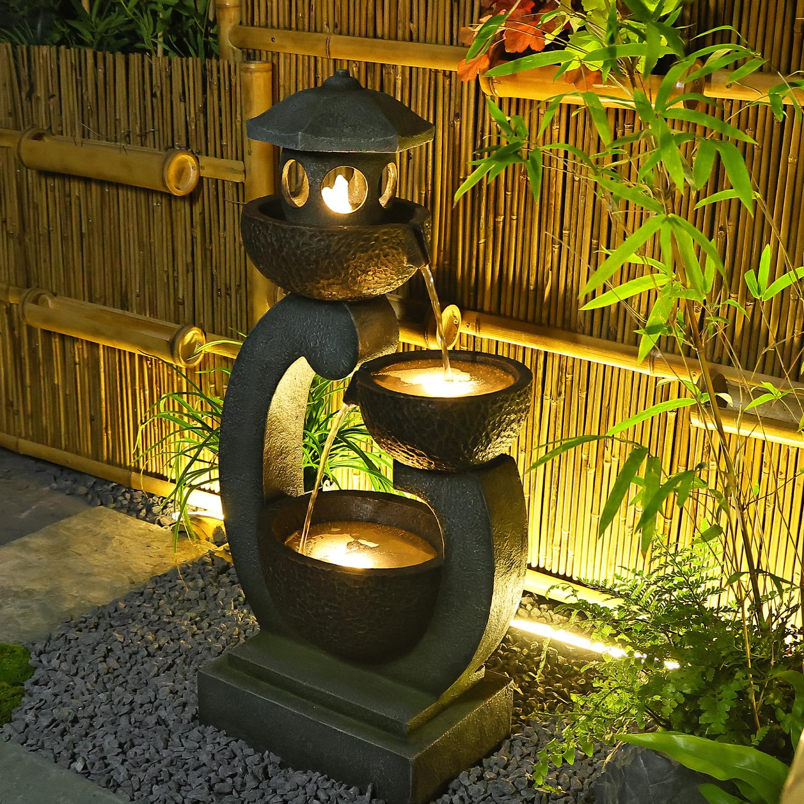 Tankana Outdoor Garden Water Fountain - Modern Tranquil Zen Pagoda Waterfalls Fountains Bowl with LED Lights & Pump for Patio Yard Porch Pool Decor, Gray, 35.5 inches