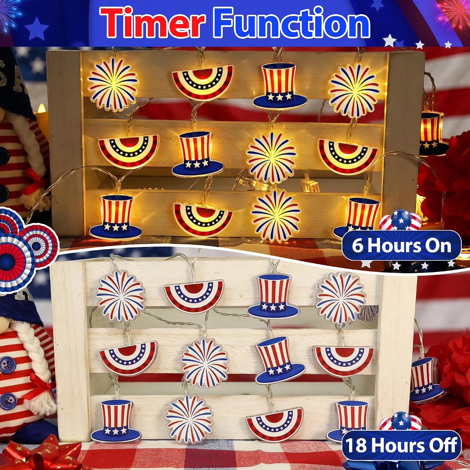 4th of July Decorations Patriotic Lights, 10Ft 20 LED American Fan Flag Top Hat Firework Red Blue White Lights Battery Operated with Timer for Memorial Day Fourth of July Day Decor