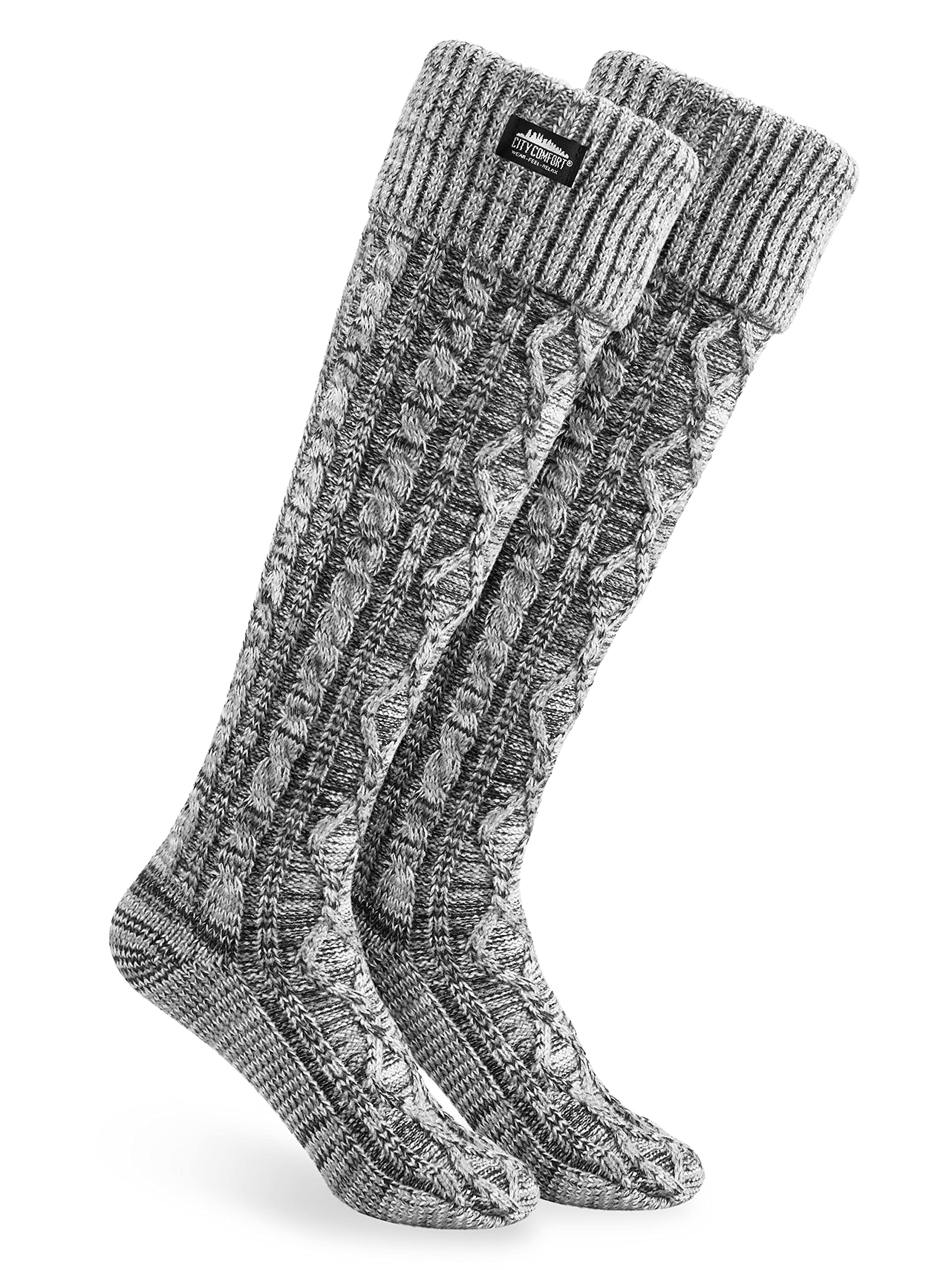CityComfort Women Slipper Socks - Knee High Socks Cable Knit Cosy Over The Knee Socks UK Size 4-8 - Gifts for Her (Black/Grey)