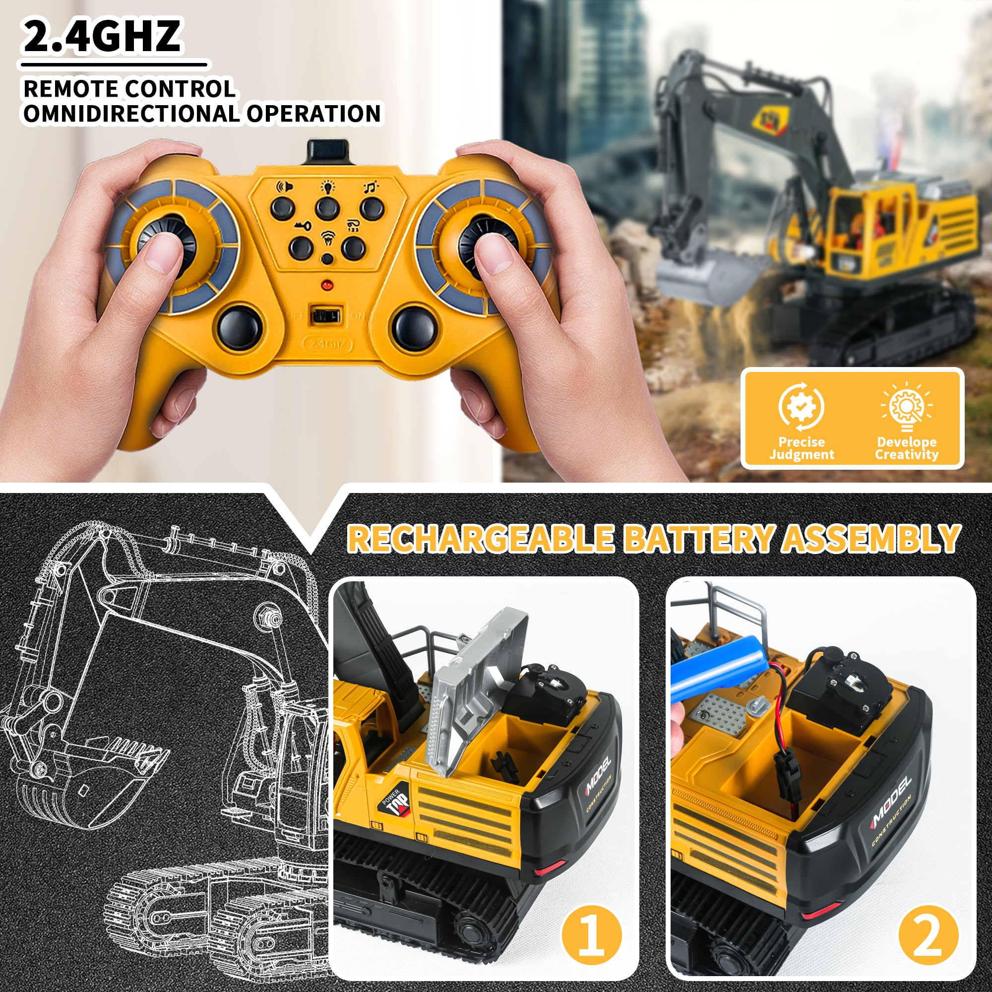 Juguete de excavadora teledirigida para niños, 14 canales, 2,4 GHz, excavadora RC, pala de metal con tono de luz de aerosol, juguete Rc BAU rotación de 680 ° para regalo para niños