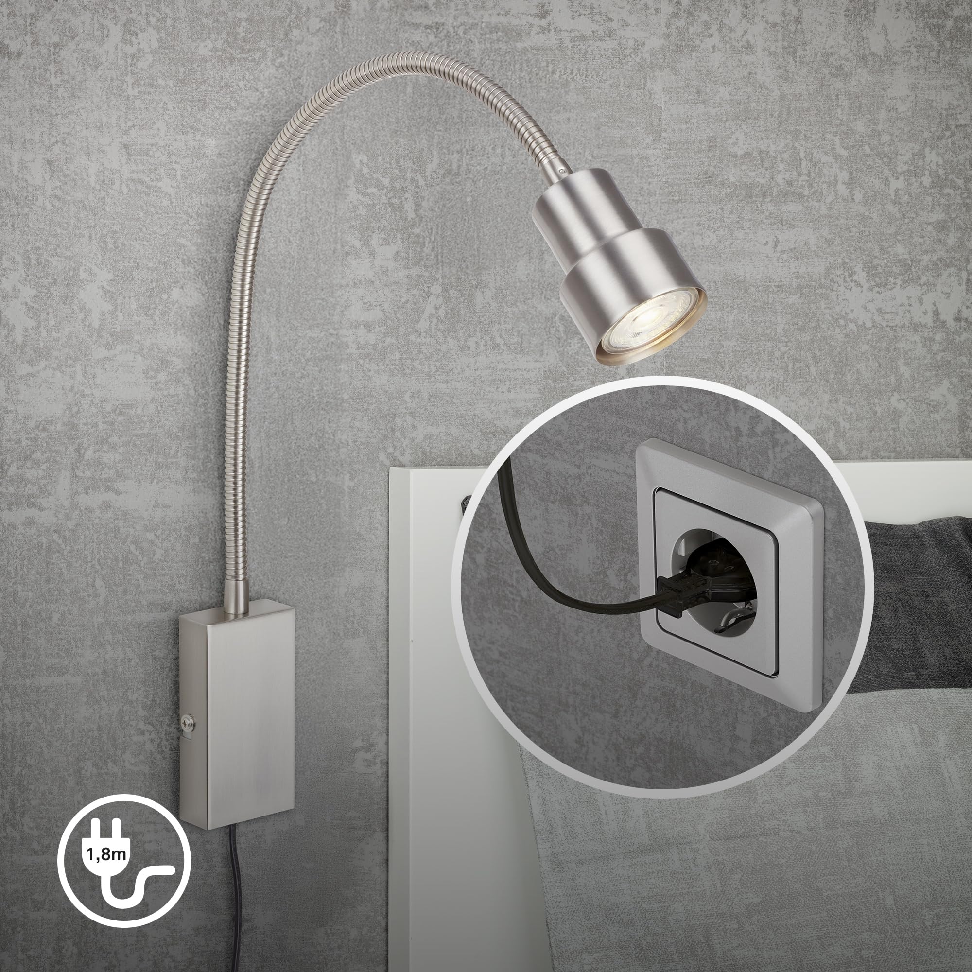 BRILONER Leuchten - Bettleuchte, Wandleuchte, Leselampe inkl. Flexarm, An-/Ausschalter via Touchfunktion, 1x LED/GU10, 5 Watt, 400 Lumen, 3.000 Kelvin, Metall, Matt-Nickel, 2085-012