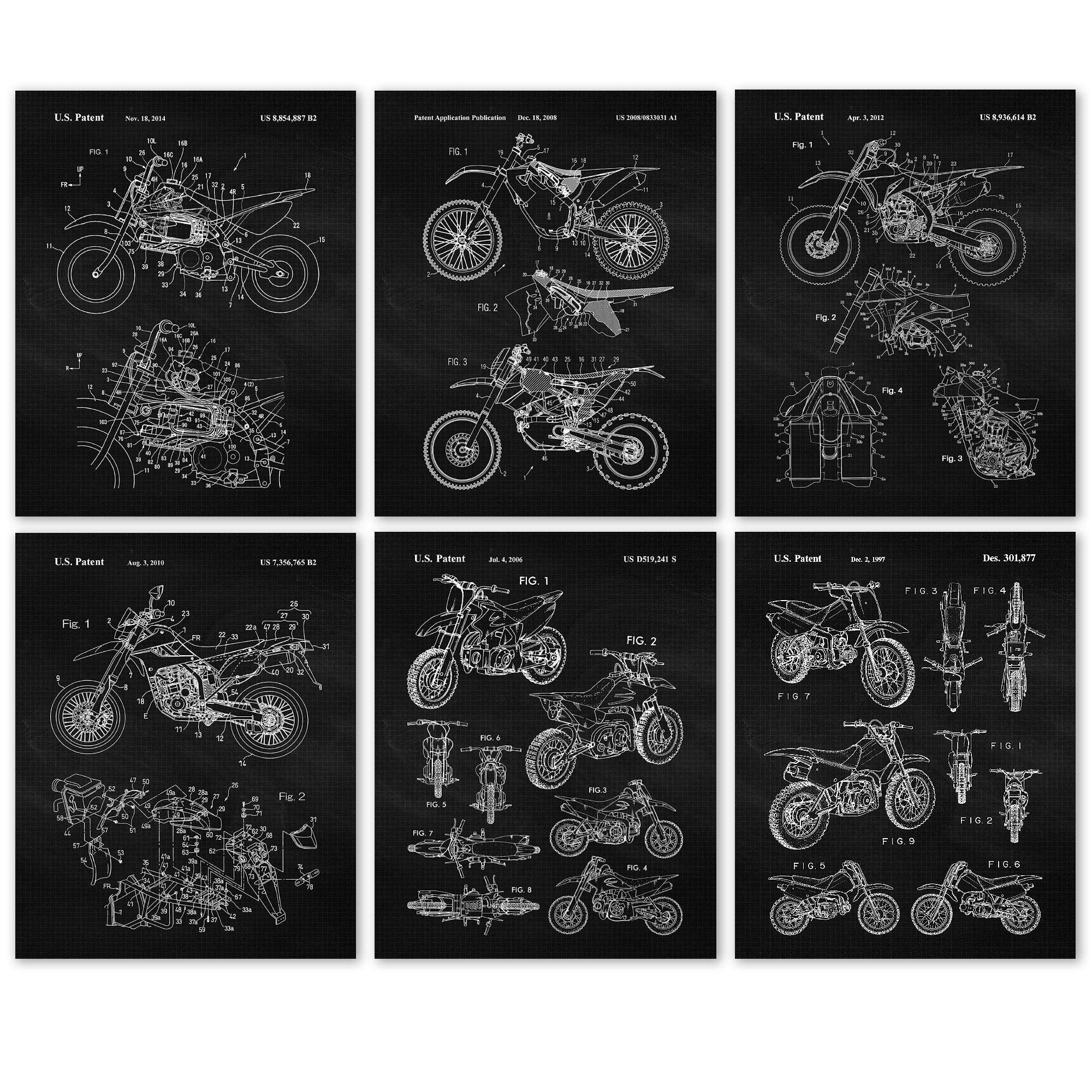 Classic Motocross Dirt Bikes Patent Prints, 6 (8x10) Unframed Photos, Wall Art Decor Gift for Home Office Honda Yamaha Kawasaki KTM Work Garage Parts Shop College Student Motorsports XGames Champs