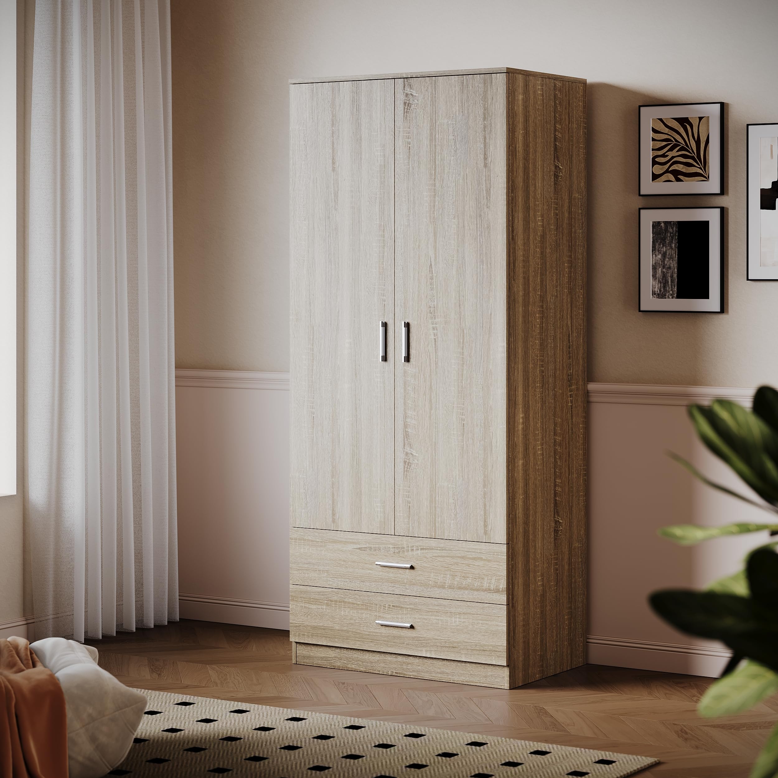 ELEGANT 2 Door Wardrobes with Clothes Hanging Rail and 2 Drawers, Large Storage Unit Cabinet for Modern Bedroom Furniture, Oak, 50D x 77W x 180H cm