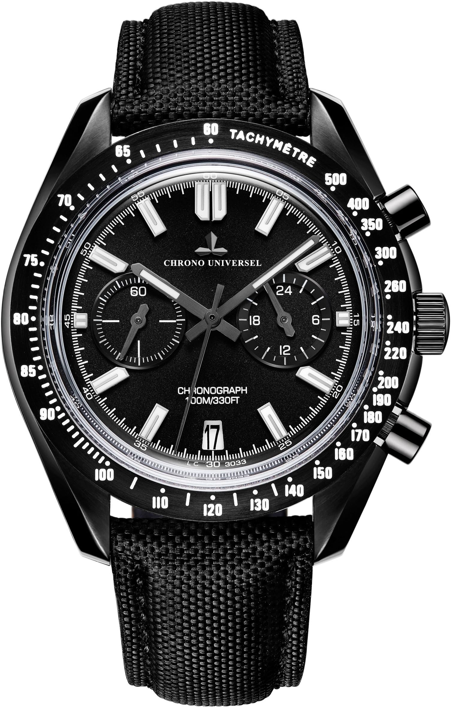 CHRONO UNIVERSEL FURTIVE Chronometer Watch, 316L Steel PVD Black, Hardlex Glass, Nilon Leather Strap