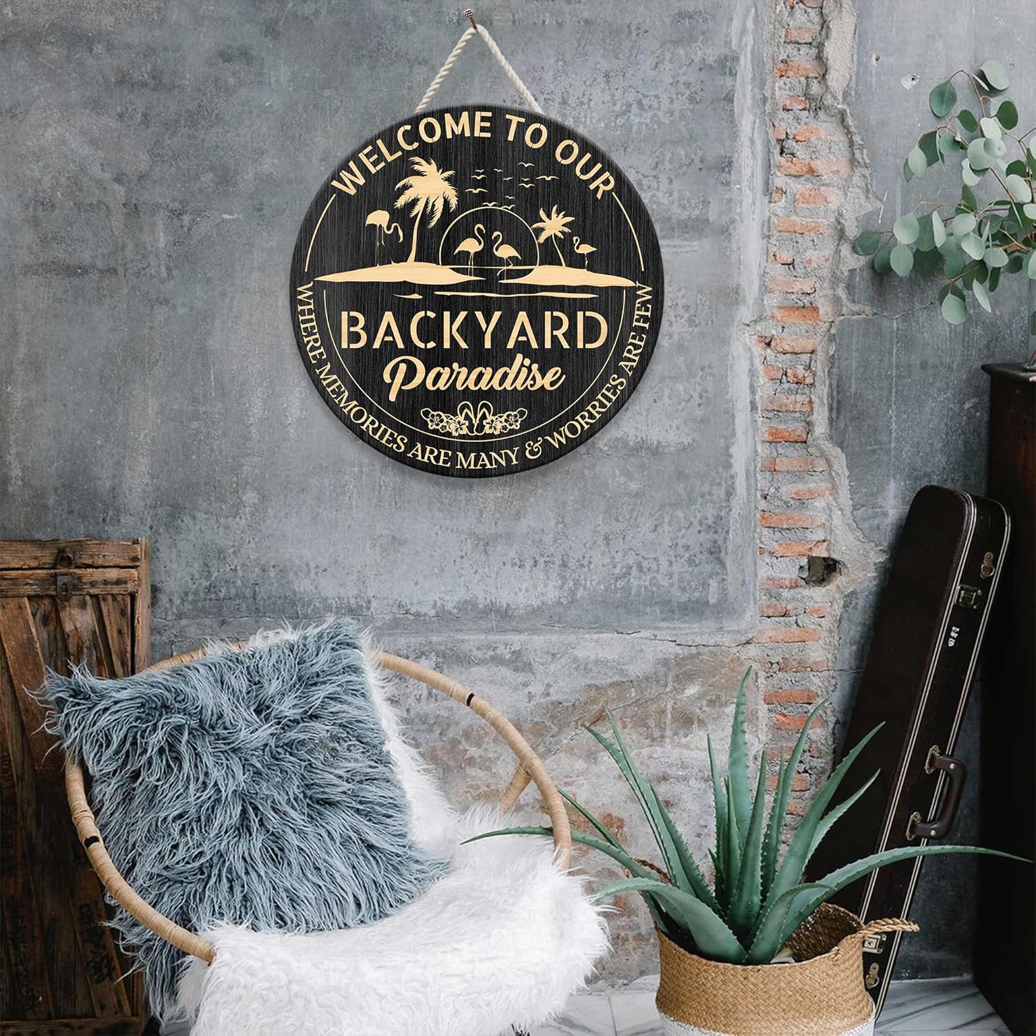 Backyard Sign Outdoor Decorations, Patio Signs, 12 & 18 in Large Outdoor Sign, Flamingo Backyard Paradise Sign for Outside, Housewarming Gifts for Family Friends (Black, 12x12)
