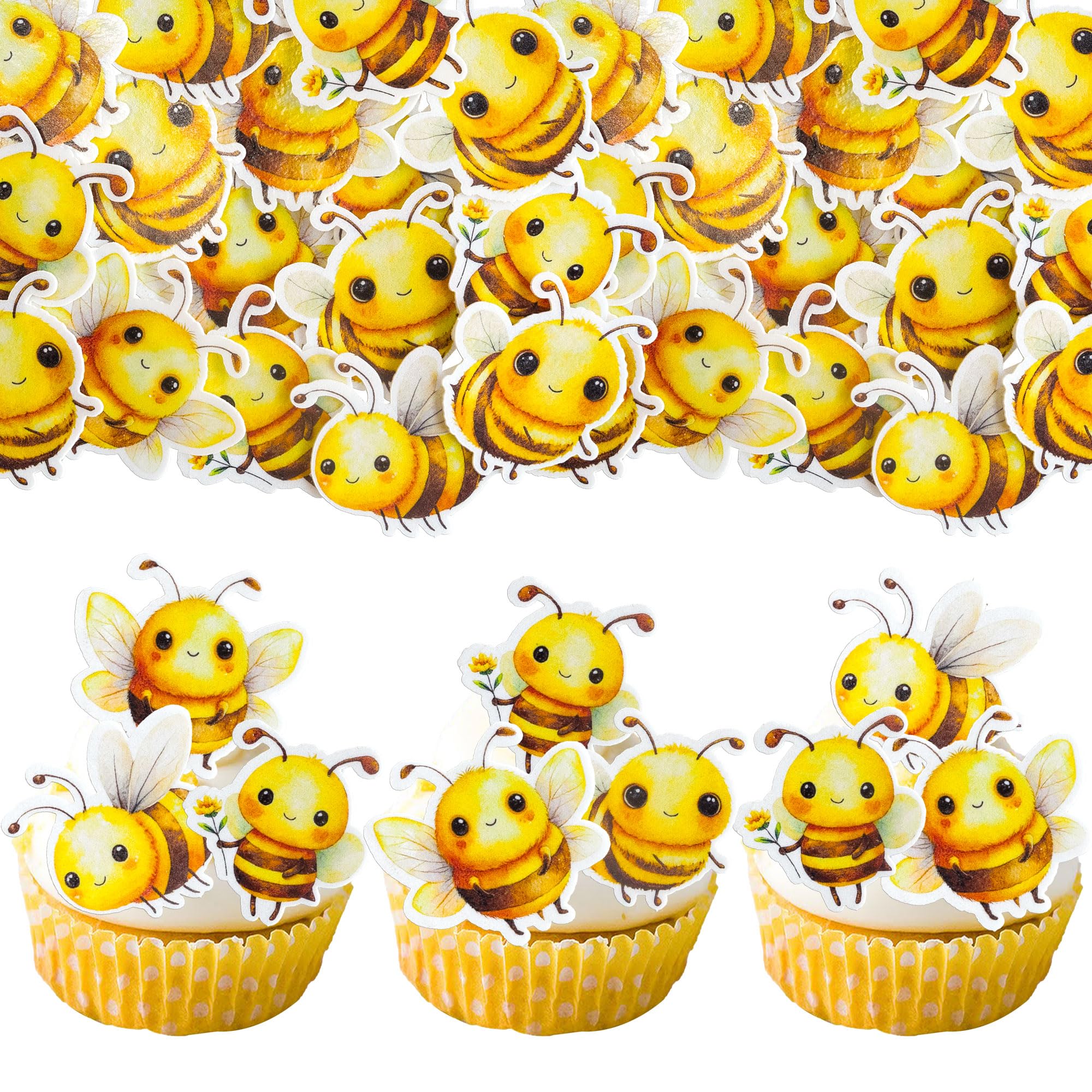 Ephlyn 56Pcs Edible Bumble Bee Cupcake Toppers Wafer Paper Honey Bee Cupcake Picks Oh Babee Cupcake Decorations for Bee Theme Baby Shower Boys Girls Birthday Party Cake Food Decorations Supplies