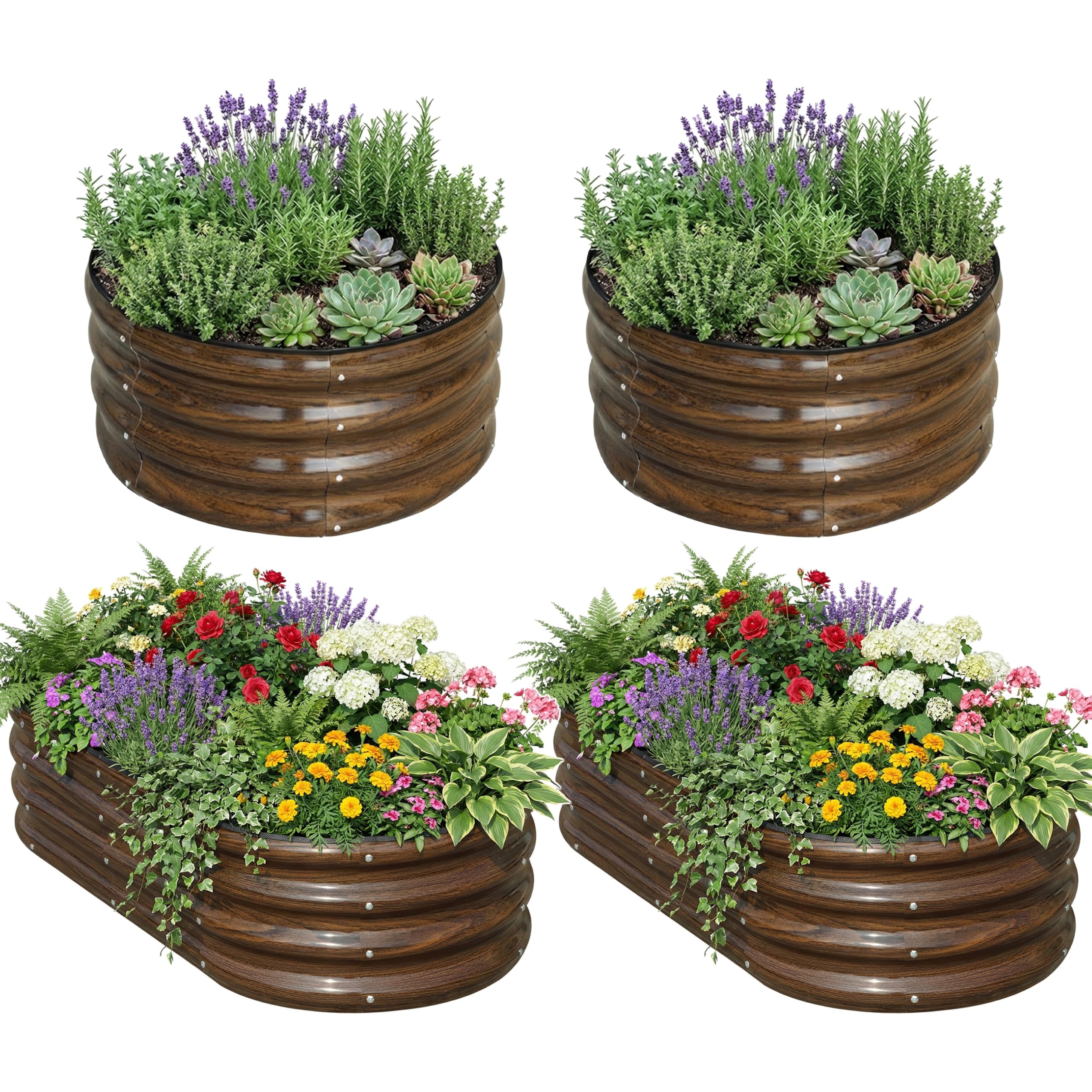 SnugNiture Steel Raised Garden Bed, 2-Pcs 2x2x1ft Round + 2-Pcs 4x2x1ft Oval Metal Planter Box Outdoor for Growing Vegetables, Flowers and Herbs, Wood Grain