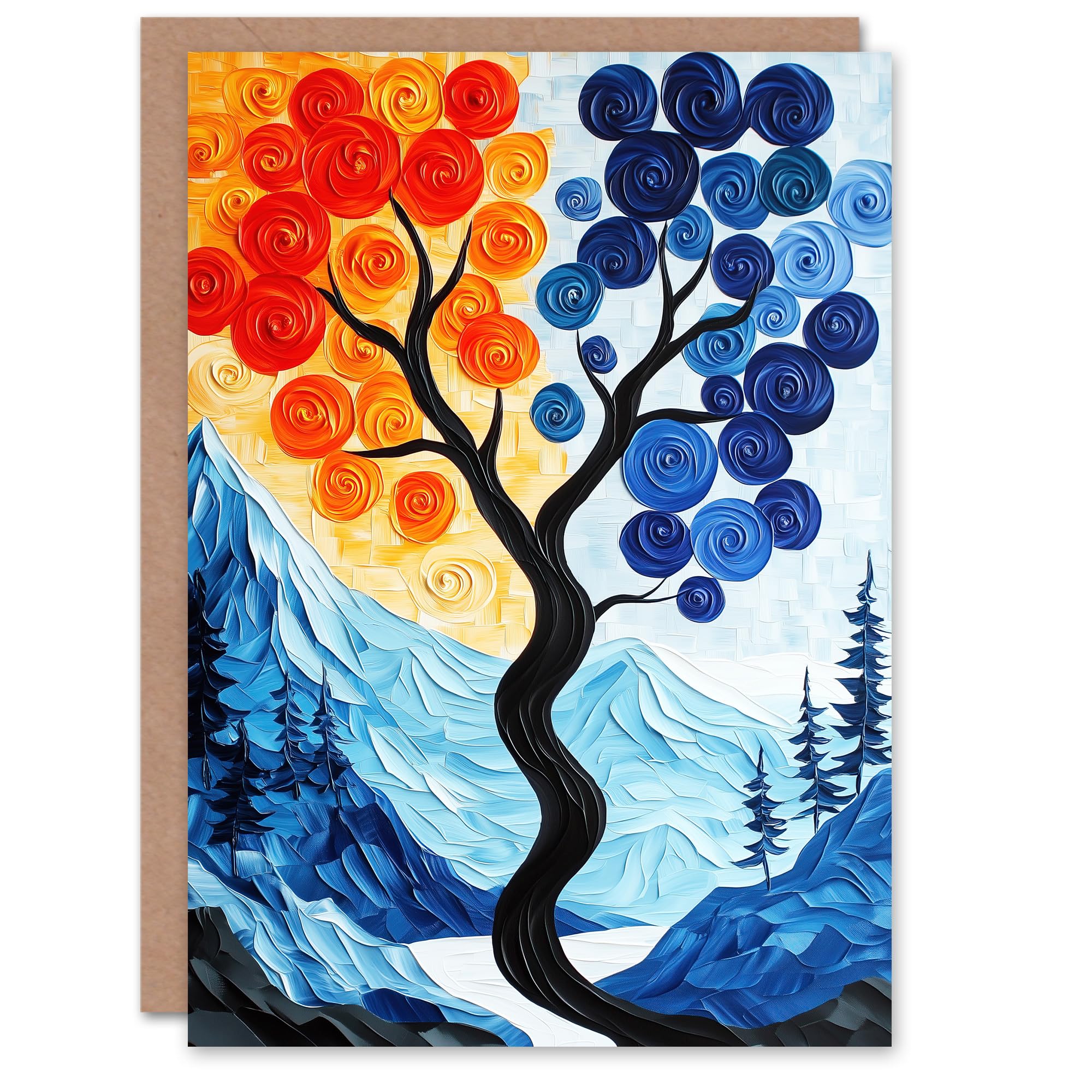 Artery8 Greeting Card Autumn To Winter Tree Folk Art Mountain Landscape Blank For Him Or Her Art Birthday Card