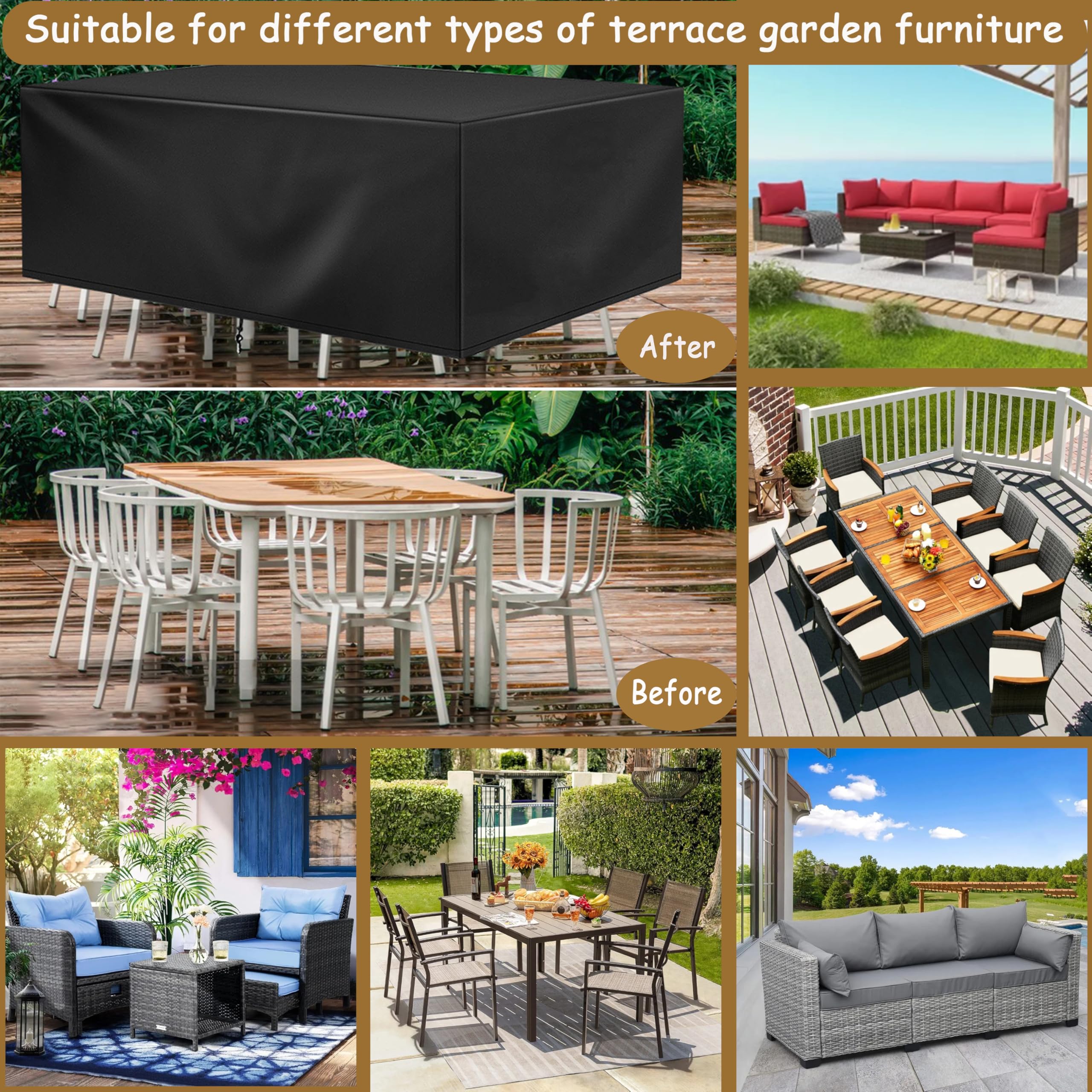 HNKDKJ Coperture per Mobili da Giardino 270x130x85cm/L x l x A Impermeabile Copertura Tavolo Esterno Telo Copri Mobili da Giardino Tessuto Oxford 420D Anti-UV Copertura Divano Esterno