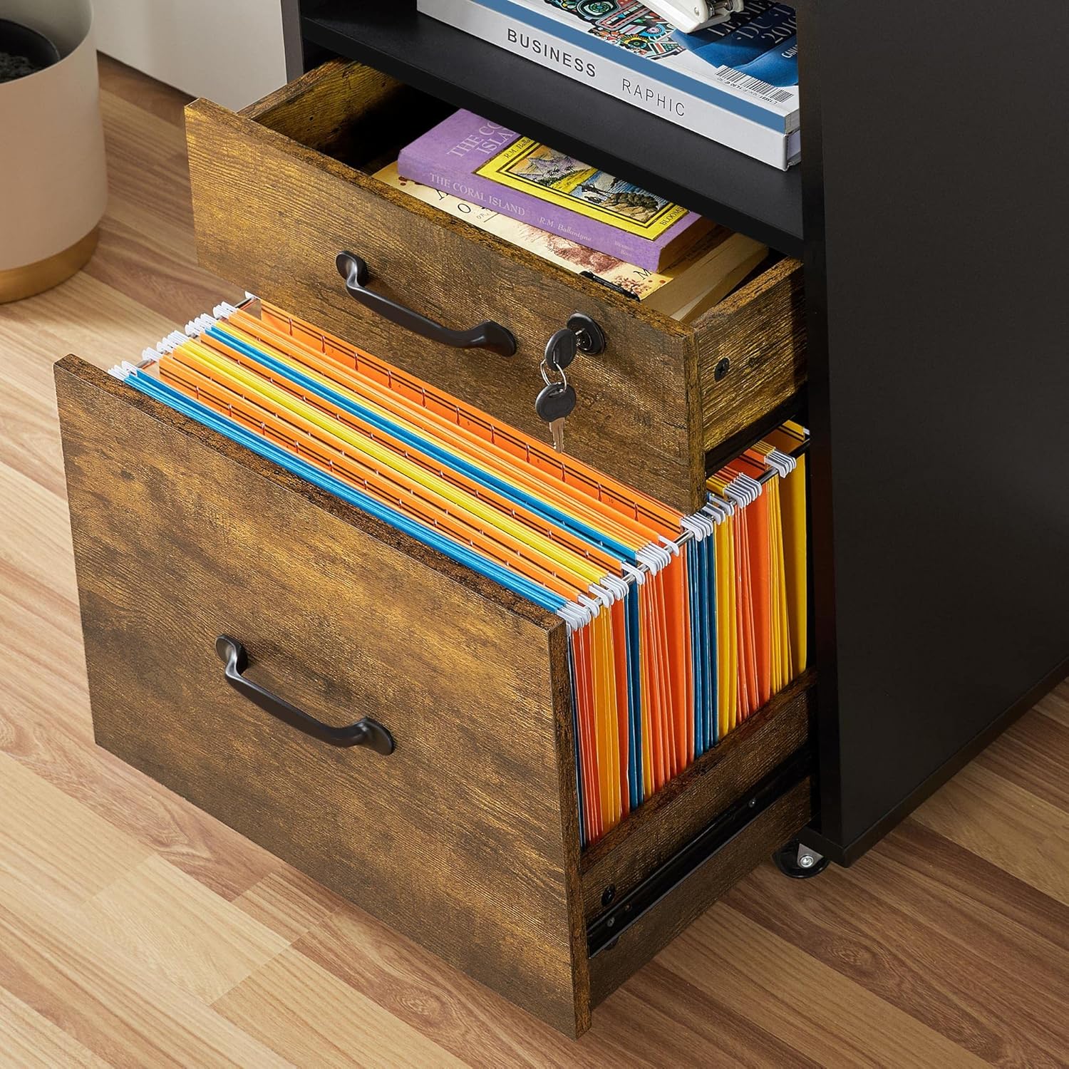 Topeakmart Rolling Vertical Filing Cabinet with 2 Drawer and 1 Open Compartments, File Storage Cabinet with Lock, Printer Stand for Home and Office Black/Rustic Brown