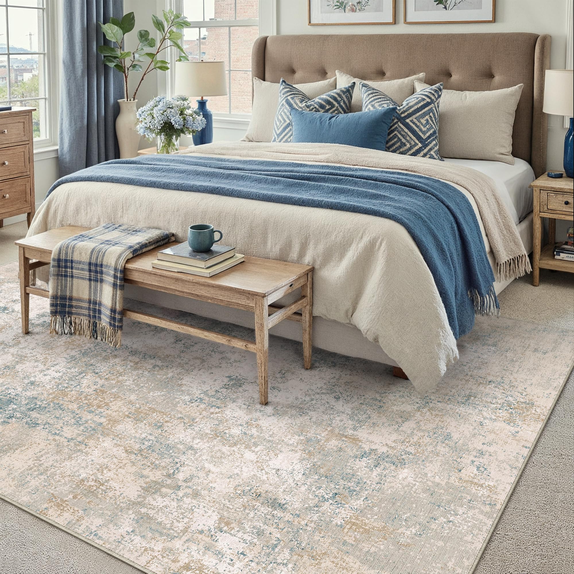 HUGEAR 5x7 Area Rug Beige Blue Machine Washable Rugs Abstract Indoor Rug Modern Low Pile Carpet Distressed Throw Rug for Bedroom Living Office Dining Laundry Non Slip