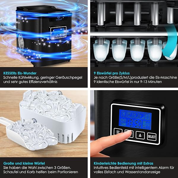 KESSER® Eiswürfelbereiter | Eiswürfelmaschine Edelstahl | 150W Ice Maker | 12 kg 24 h | 3 Würfelgrößen | Zubereitung in 7 min | 2,2 Liter Wassertank | Timer | LCD-Display | Inkl. Zubehör, Schwarz - 3