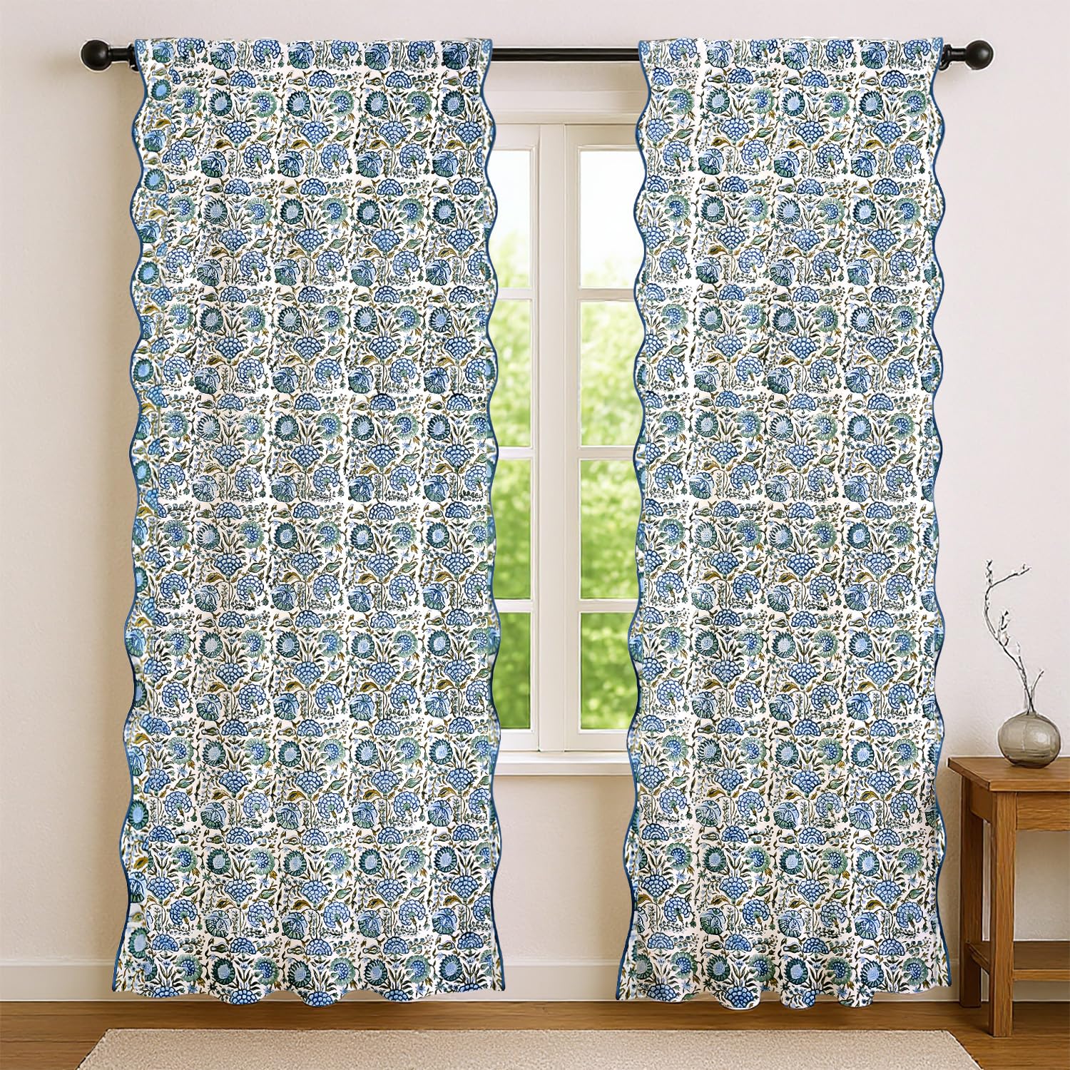 Ridhi Asparagus Green Floral Cotton Scallop Curtains Pack of 1 84-Inch Pocket for The Rod Semi-Sheer Drapes for Living Room & Bedroom, Floral Patterned Farmhouse Boho French Country Window Panels