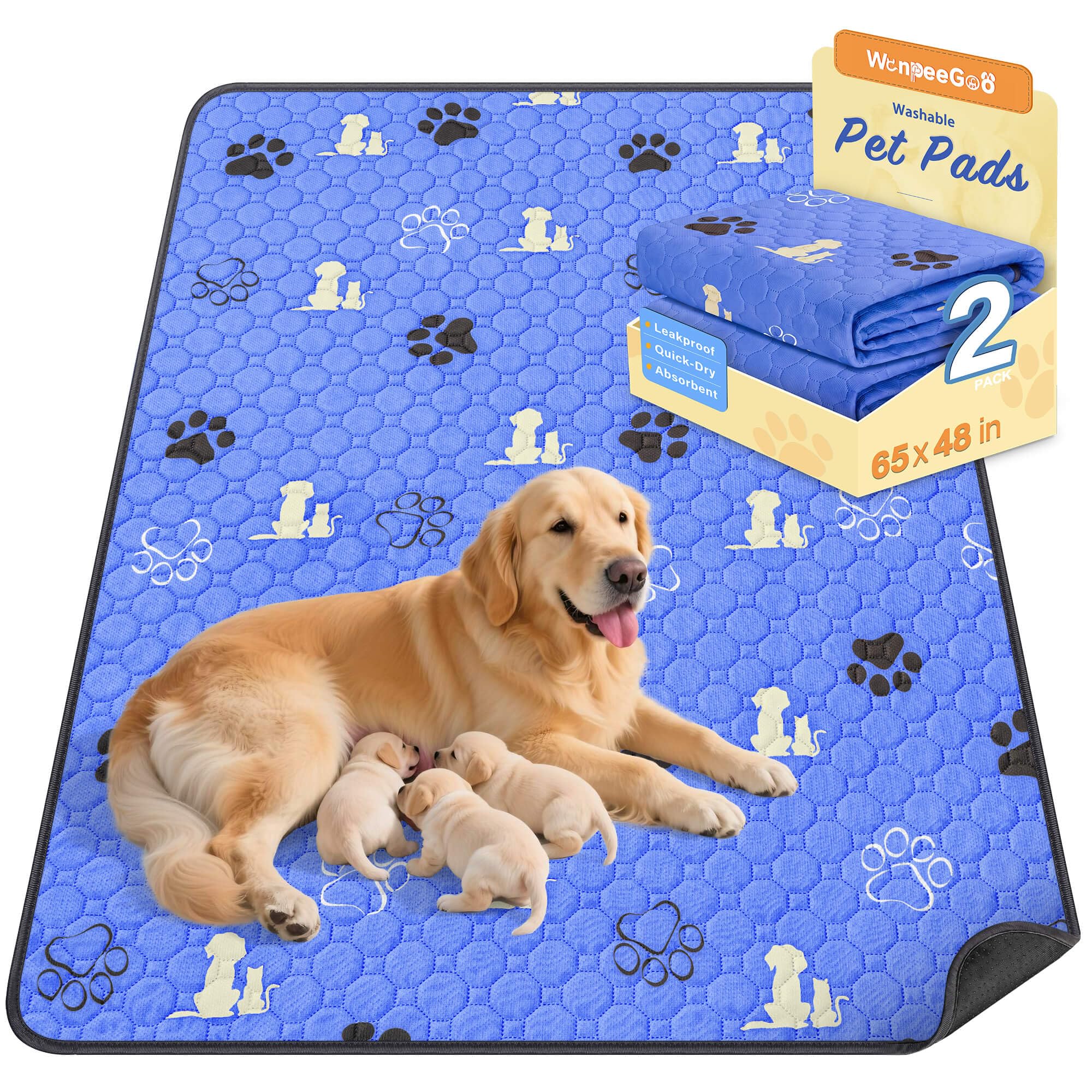 WanpeeGoo Washable Pee Pads for Dogs Mat, 1 Pack Absorbent Reusable Training Dog Pads Pet Puppy Pads, Non-Slip Potty Pads for Whelping, Playpen, Crate, Bed, Blue 165x122cm