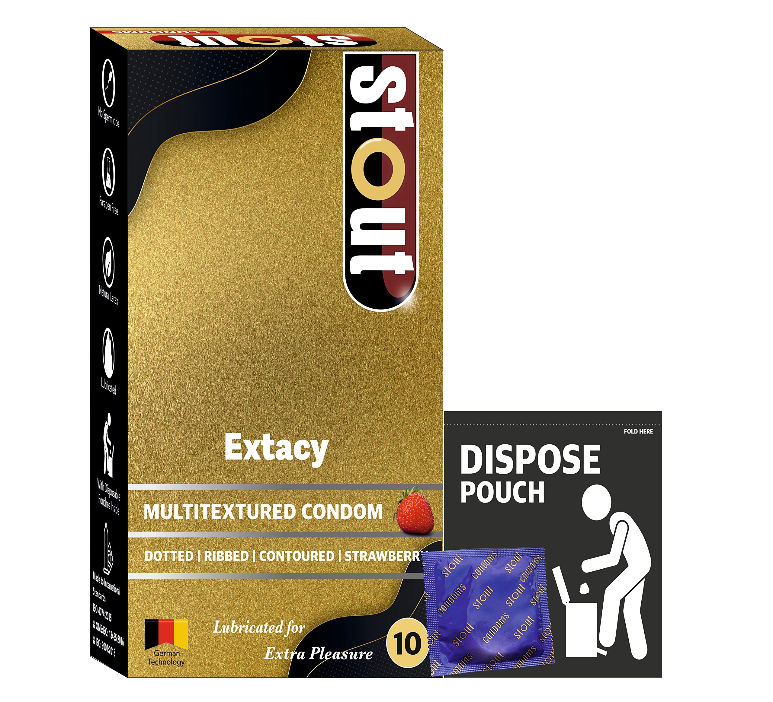 Stout Multitextured Strawberry Flavoured Extacy Condoms for Men|Lubricated for Extra Pleasure| Dotted,Ribbed,Contoured -10 Count |Pack of 1