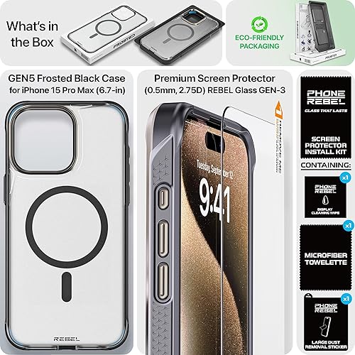 Miniatura 6 de REBEL Funda transparente para iPhone 15 Pro Max Serie esmerilada Gen-5 fuerte compatible con MagSafe, lados de agarre, textura mate translúcida,