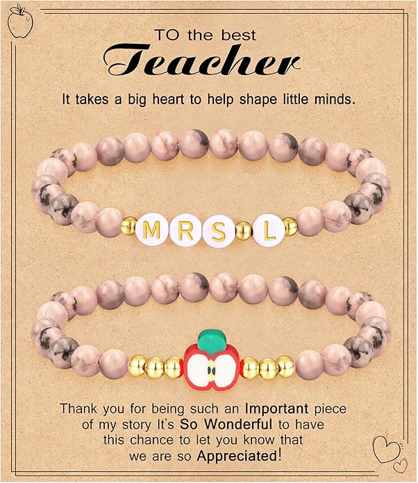 Teacher Appreciation Gifts for Women,Teacher Must Haves Initial Bracelet Mrs Miss End of Year Teacher Gifts Thank You for Helping Me Grow Music Math Science Teachers Bracelets Retirement 2 Set Jewelry