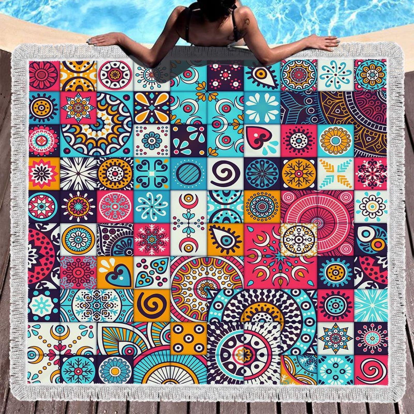 Tappetino Da Picnic Coperta Picnic Telo Pic Nic Stuoia Campeggio 150 Cm Modello Vintage Stile Etnico Boemo Quadrato Stampa Telo Mare Tappetino Pranzo In Microfibra Serie Geometrica Stampa Digitale 3D,