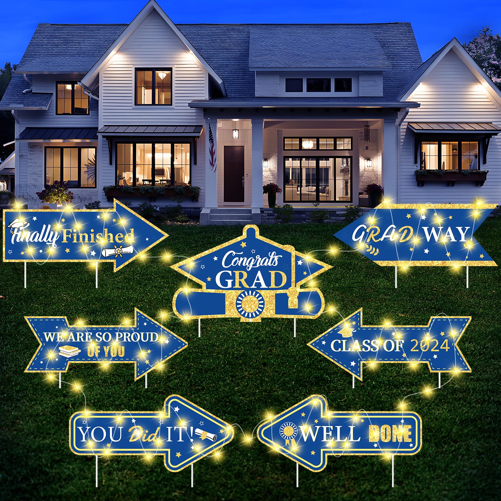 2024 Graduation Decorations Blue Gold Yard Signs with Stakes and String Lights Class of 2024 Congrats Grad Lawn Signs Graduation Party Sign Arrows Outdoor Decor Graduate Party Supplies