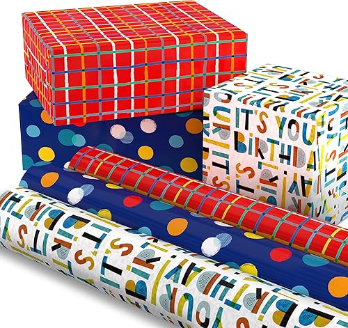Miniatura 8 de Hallmark Paquete de papel de regalo colorido con líneas de corte en el reverso (6 rollos 115 pies cuadrados en total) rojo, azul, amarillo, verde,