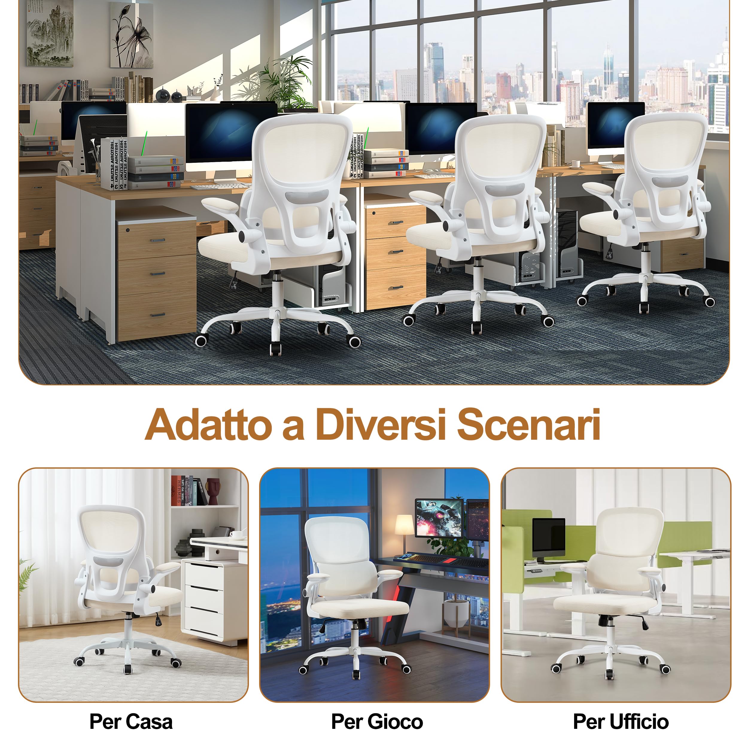 UEV Sedia a Rete con Supporto Lombare e Schienale, 65x58x100-110cm, Beige | Sedia da Ufficio Ergonomica con Multi-Regolazione, Sedie da Scrivania Salvaspazio con Braccioli Ribaltabili