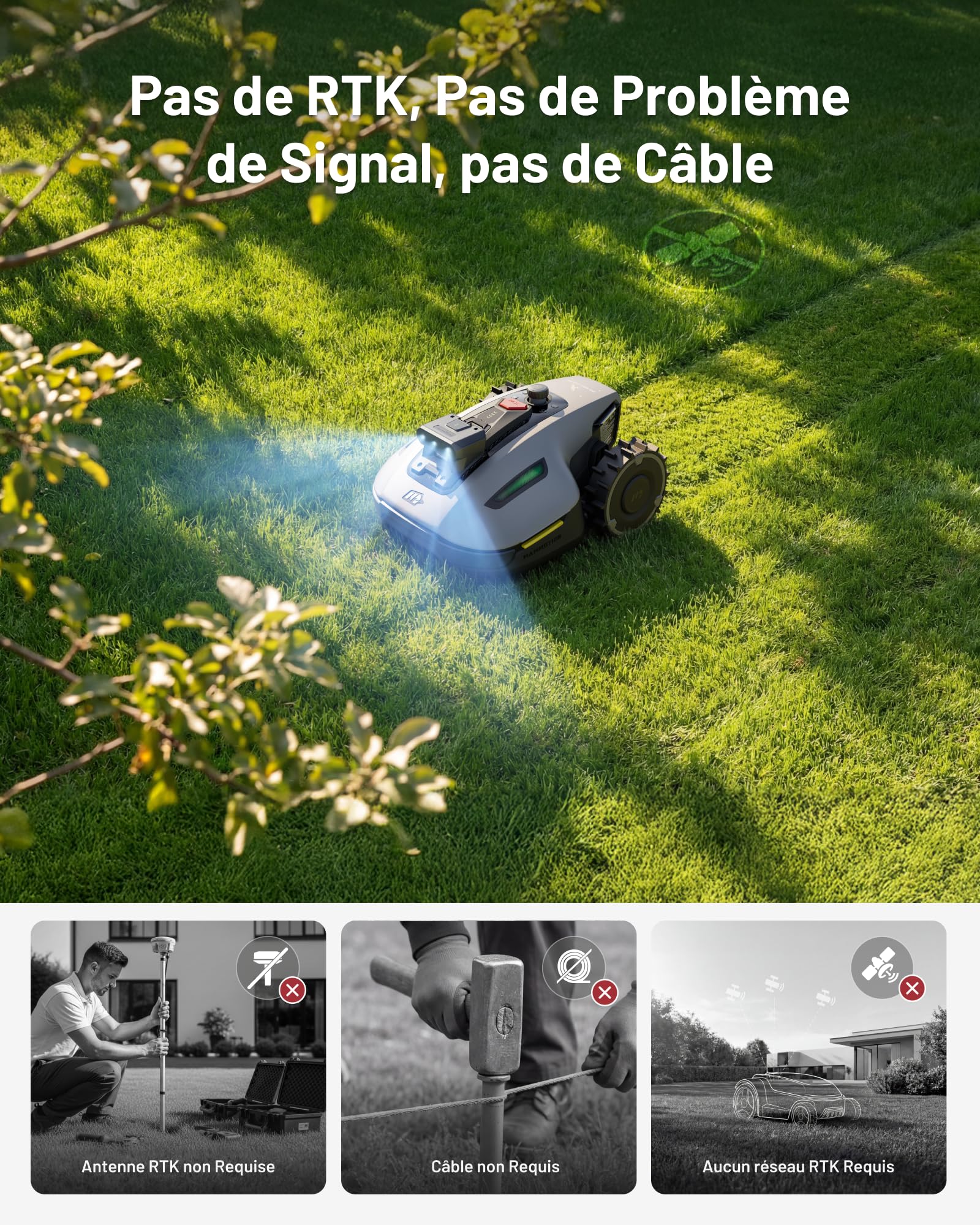 MAMMOTION YUKA Mini 2 500 Robot Tondeuse avec Garage Standard, jusqu'à 500m², Zéro Perte de Signal, sans RTK, AI Traitement d’Image à Trois Caméras, DropMow (expédié séparément)