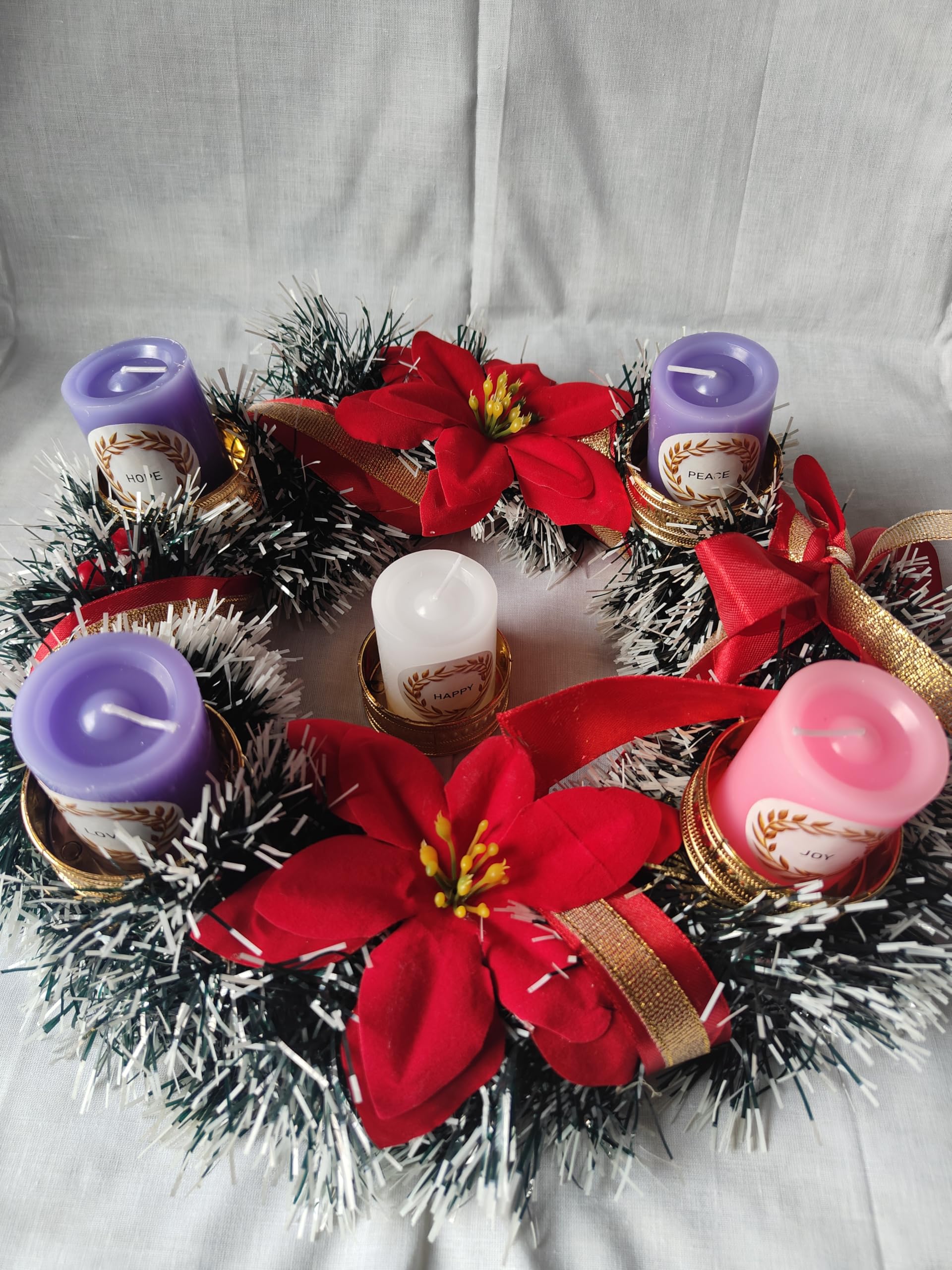 Advent Candle Set of 5 with Handcrafted Wreath and Holder – a Beautiful Setup to Welcome Christmas with Symbols of Love, Hope, Peace, Joy & Happiness. Perfect for Festive décor & Prayers.