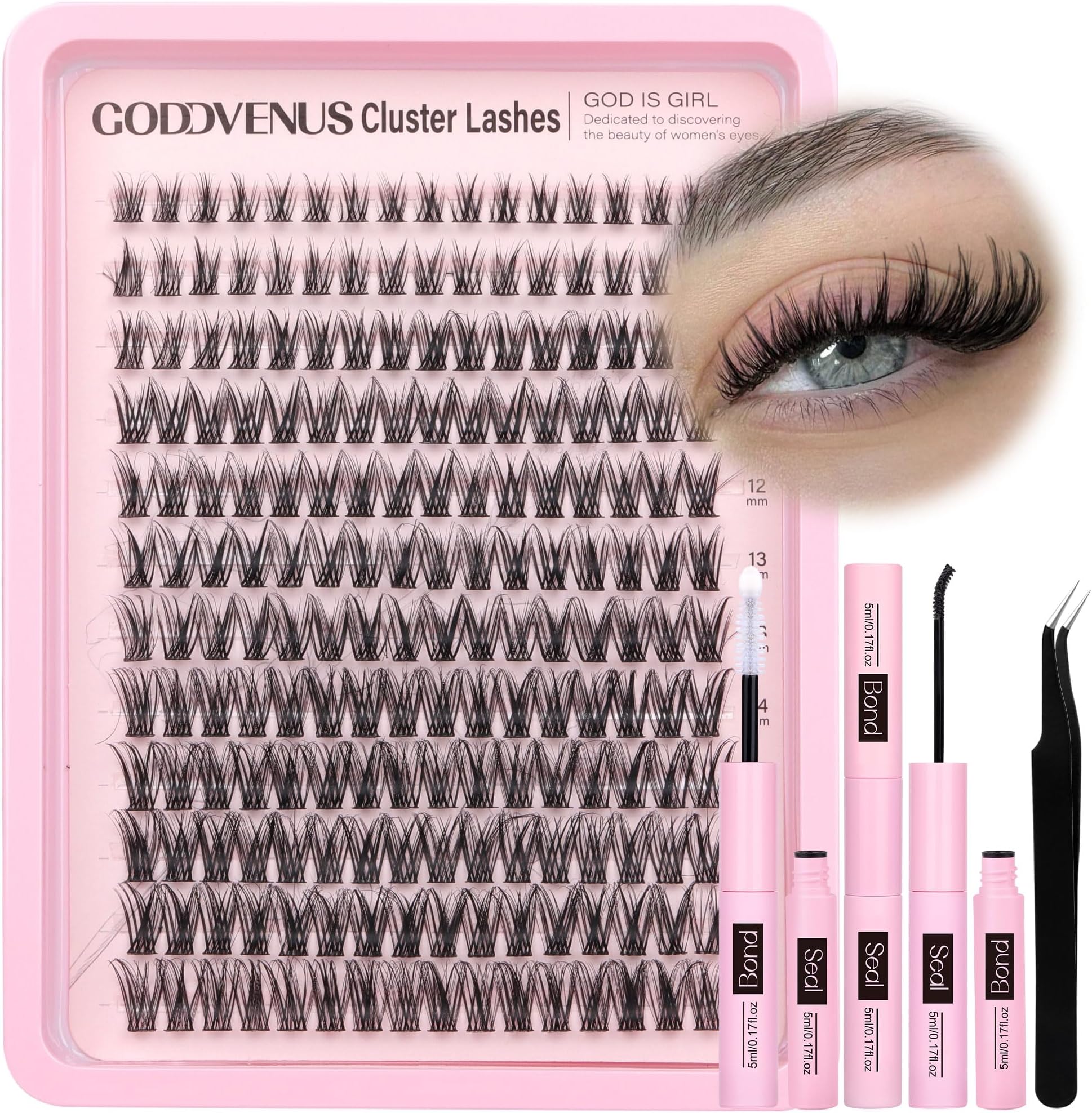Goddvenus Lash Clusters Kit Wispy Lash Extension Kit Waterproof Lashes Clusters DIY Eyelash Clusters Kit with Natural Individual Eyelashes, Lashes Glue Bond and Seal and Lash Tweezers (D Curl 192pcs)