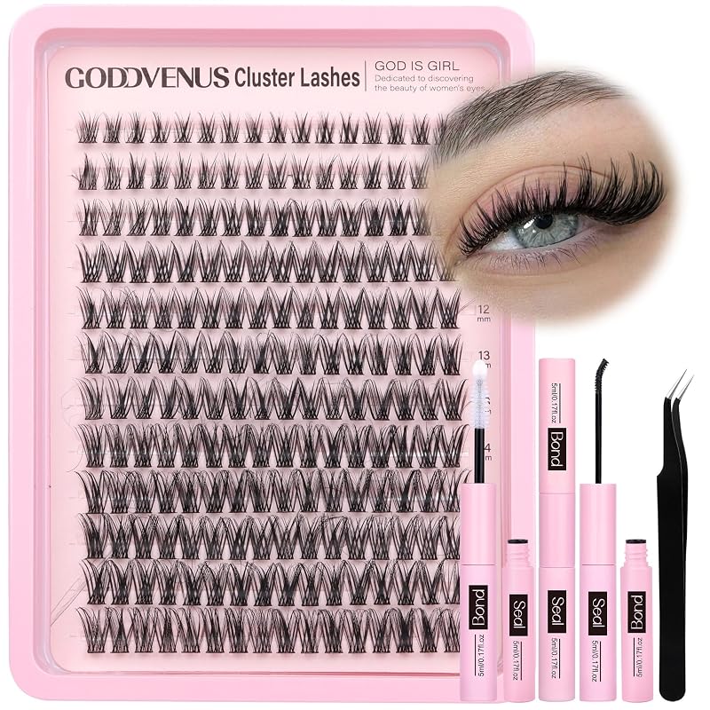 Kit de cílios em tufos Goddvenus D Curl com cola Bond and Seal e pinça, 192 unidades