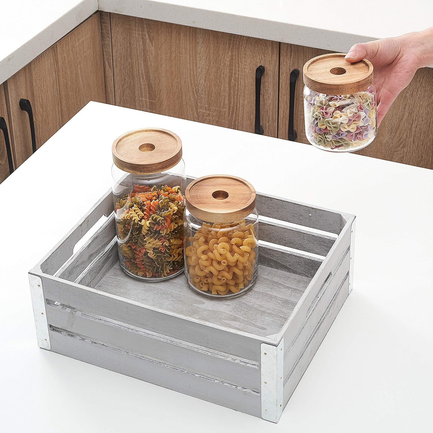 KMwares Set of 3 Clear Glass Food Jars/Canisters with Airtight Seal Acacia Wood Lids for Kitchen/Bathroom/Pantry Storage, Serving Pasta, Candy, Snack, Leaf Tea, Coffee Bean, Dry food : Home & Kitchen