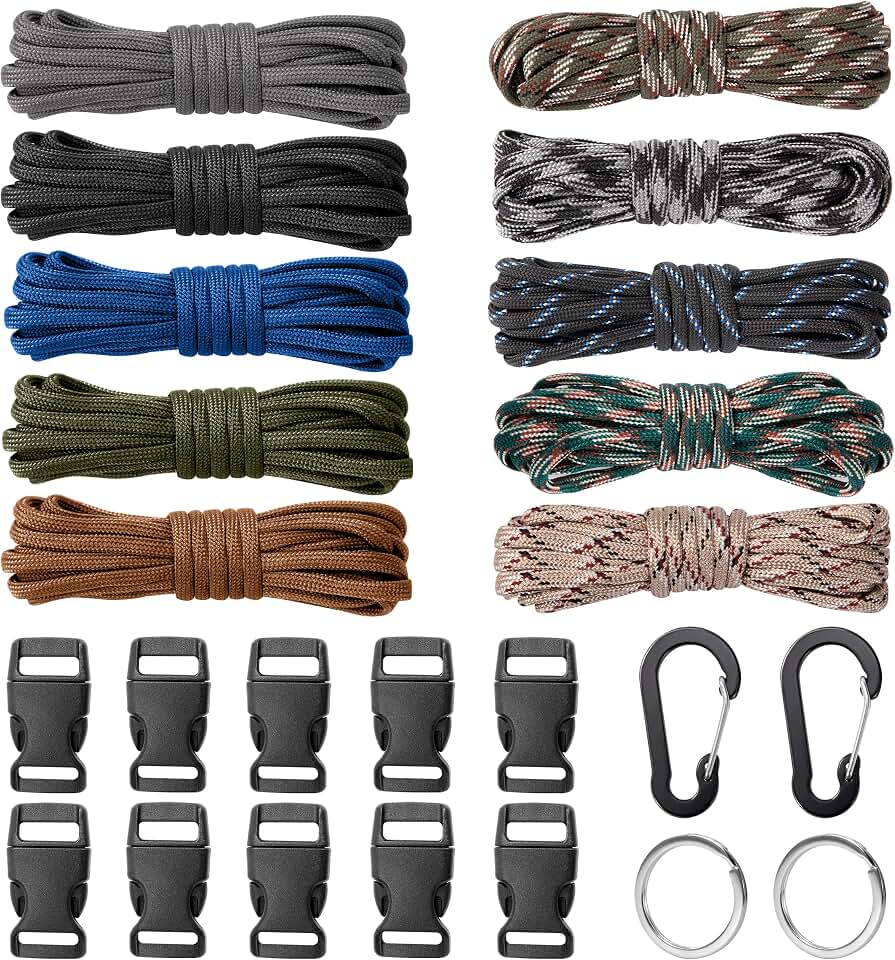 Kits Combinados de Cuerda de Paracaídas Cordón de Paracaídas 550 Tipo Cuerdas de Supervivencia Kits de Manualidades para Pulseras con 10 Hebillas de Liberación 2 Mosquetones 2 Llaveros