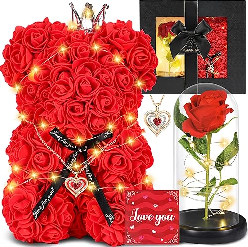 Miniatura 1 de POMINEL Regalos para el día de San Valentín, caja de regalo de oso de rosas, rosa eterna en cúpula de cristal con collar ligero para el día de San