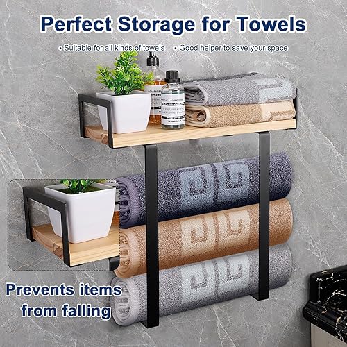 Miniatura 4 de NearMoon Toallero con estante de madera, soporte organizador de toallas de metal inoxidable para almacenamiento de baño, montado en la pared (1