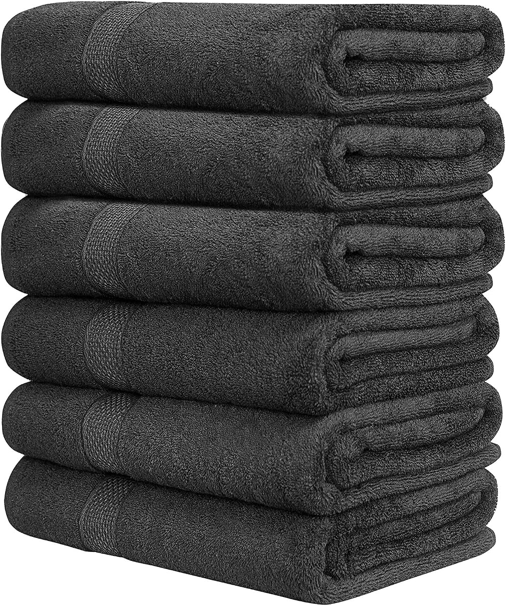 QUBA LINEN Hotel & Spa Toallas de baño 100% algodón, paquete de 6, ultra suaves, de secado rápido, ligeras, altamente absorbentes, perfectas para cara, manos, spa, gimnasio, hotel, resort y uso diario, gris (24" x 48")
