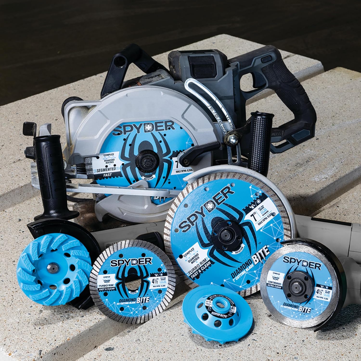 Spyder Diamond Bite 7" Diameter Wet/Dry Segmented Rim Diamond Cutting Blade for Angle Grinders, Fast Cuts, ⅞-inch Arbor with ⅝-inch Adapter Bushing