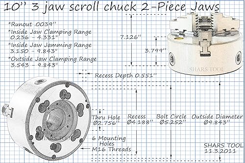 Miniatura 9 de Shars 10" 3 mandíbula auto centro D1-6 Torno de montaje Chuck Reversible .0039 TIR Cert 202-5441 R