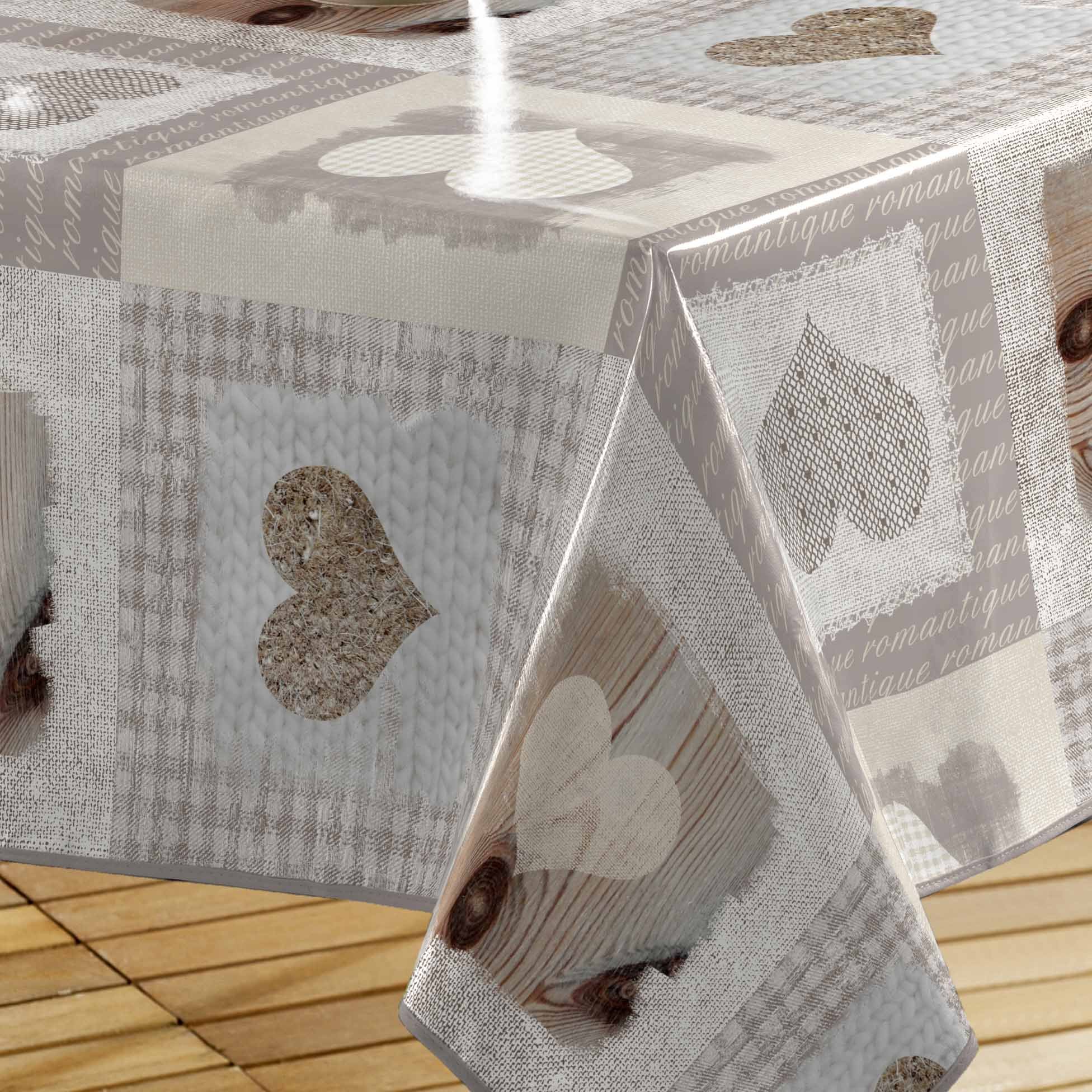 Douceur d'Intérieur, Nappe Rectangle (140 x 240 cm) Cosy Coeur Naturel, PVC Imprimé