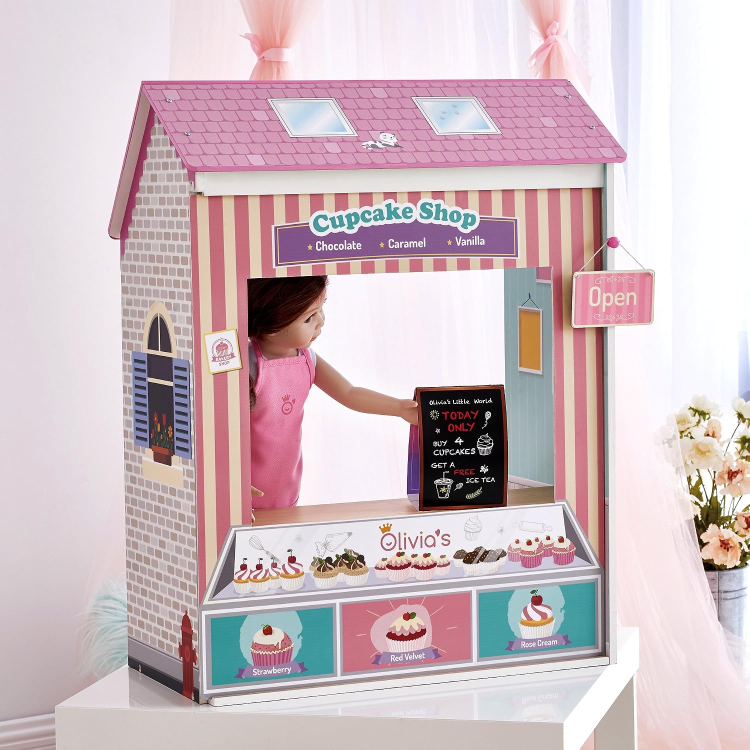 Olivia's Little World 18" Doll 4 Scenes Dollhouse with 7 Accessories | Convertible Wooden Play House | TD-12641C